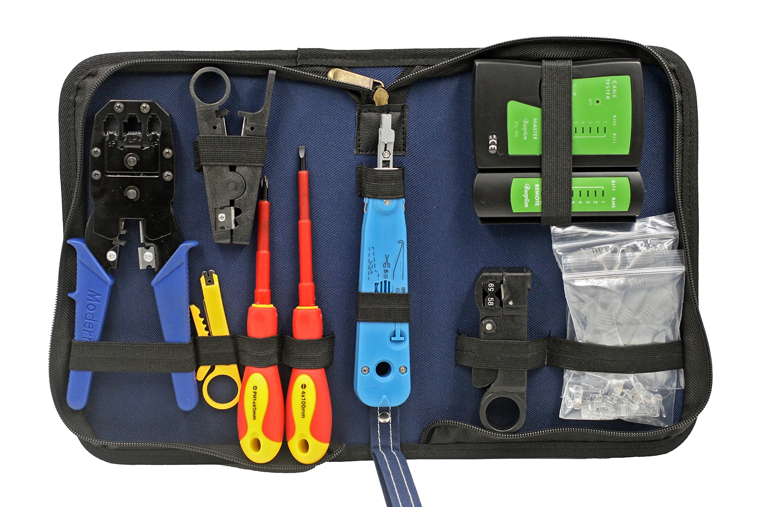 Juego de herramientas de red (incluye comprobador de red RJ45, LSA+, crimpadora, 2 pelacables, 2 x 10 conectores RJ11/RJ45 en bolsa estable, 10 piezas)