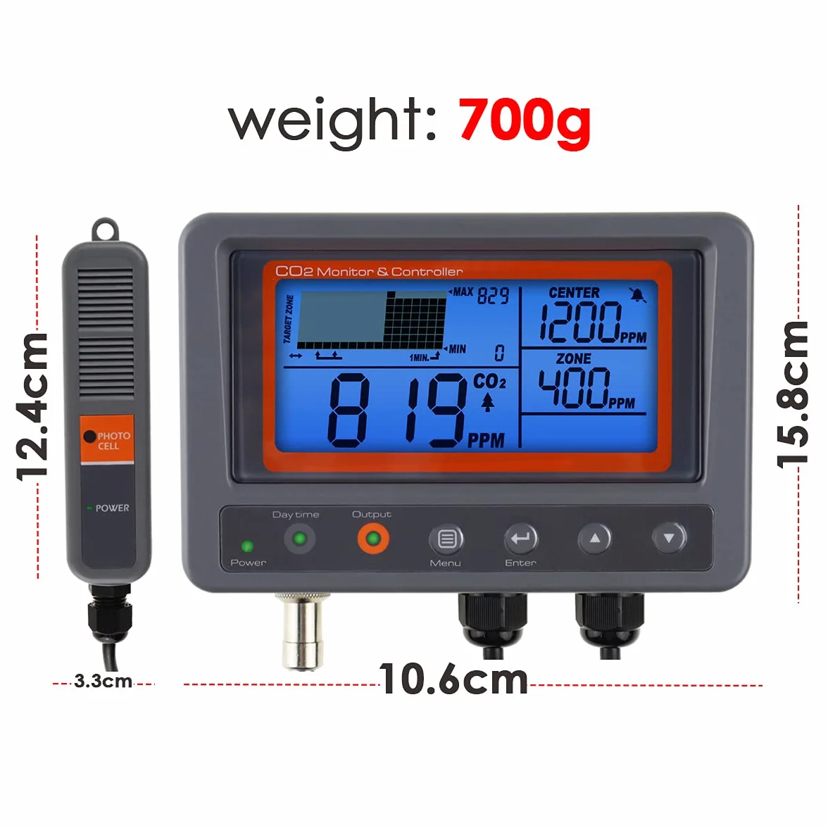 Controlador de CO2 con Sensor NDIR, Monitor de Calidad del Aire y Función de Relé Día/Noche. Ideal para Invernaderos, Grow Rooms, Jardines y Hogar.