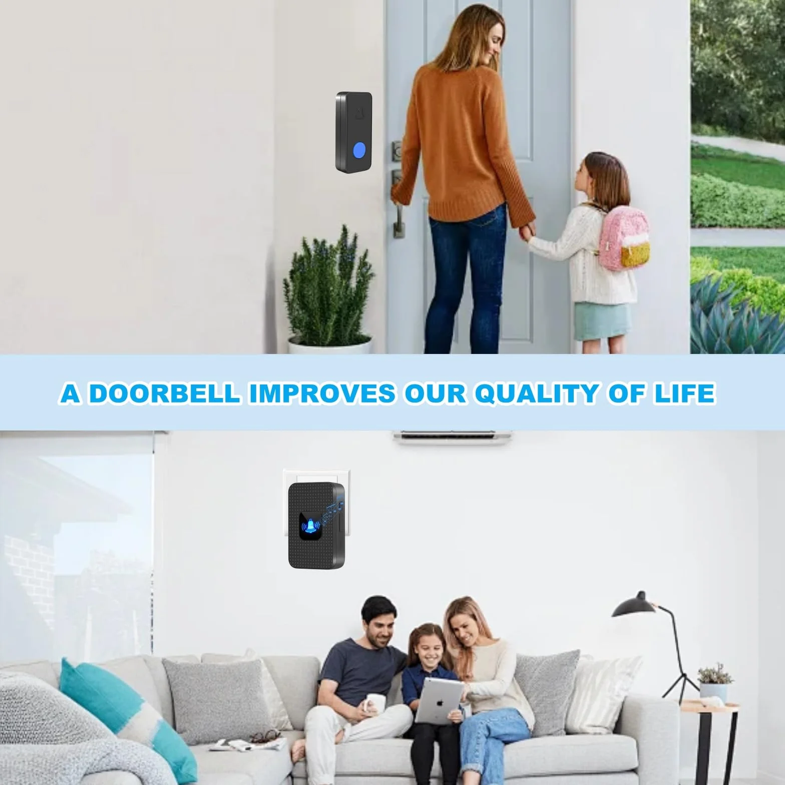 Timbre Inalámbrico Exterior Impermeable IP55, 1 Transmisor 1 Receptor, Rango 1000 pies, 55 Melodías, Negro