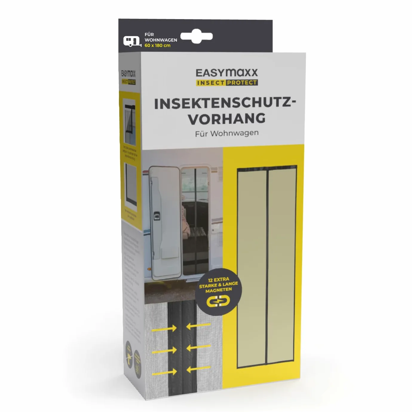 EASYmaxx Cortina mosquitera para caravana de 60 x 180 cm, mosquitera con cinta magnética XXL, puerta de protección contra insectos para caravanas, mosquitera magnética con cierre automático