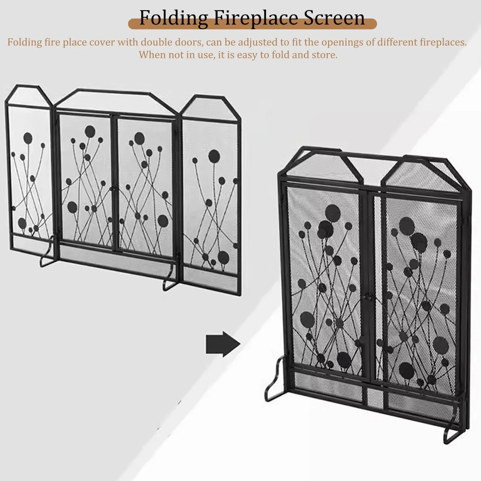 Salvachispas Chimenea Mampara de Chimenea Plegable de 3 Paneles con Puertas Dobles, Malla Protectora Negra para Estufa de Leña para El Hogar, Cubierta Moderna con Bisagras y Puerta a Prueba de Chispas