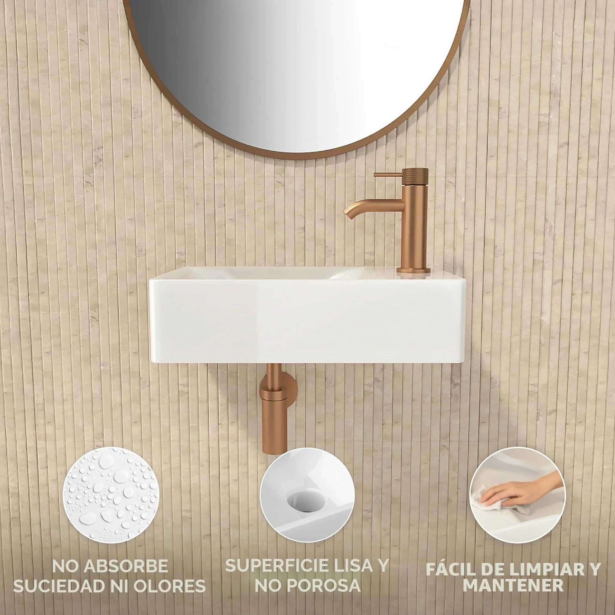 HOGART lavabo pequeño baño 38x22 cm, lavabo cerámica rectangular, lavabo suspendido pared o sobre encimera, con orificio para grifo, sin rebosadero, aseo invitados moderno (38x22cm (L))