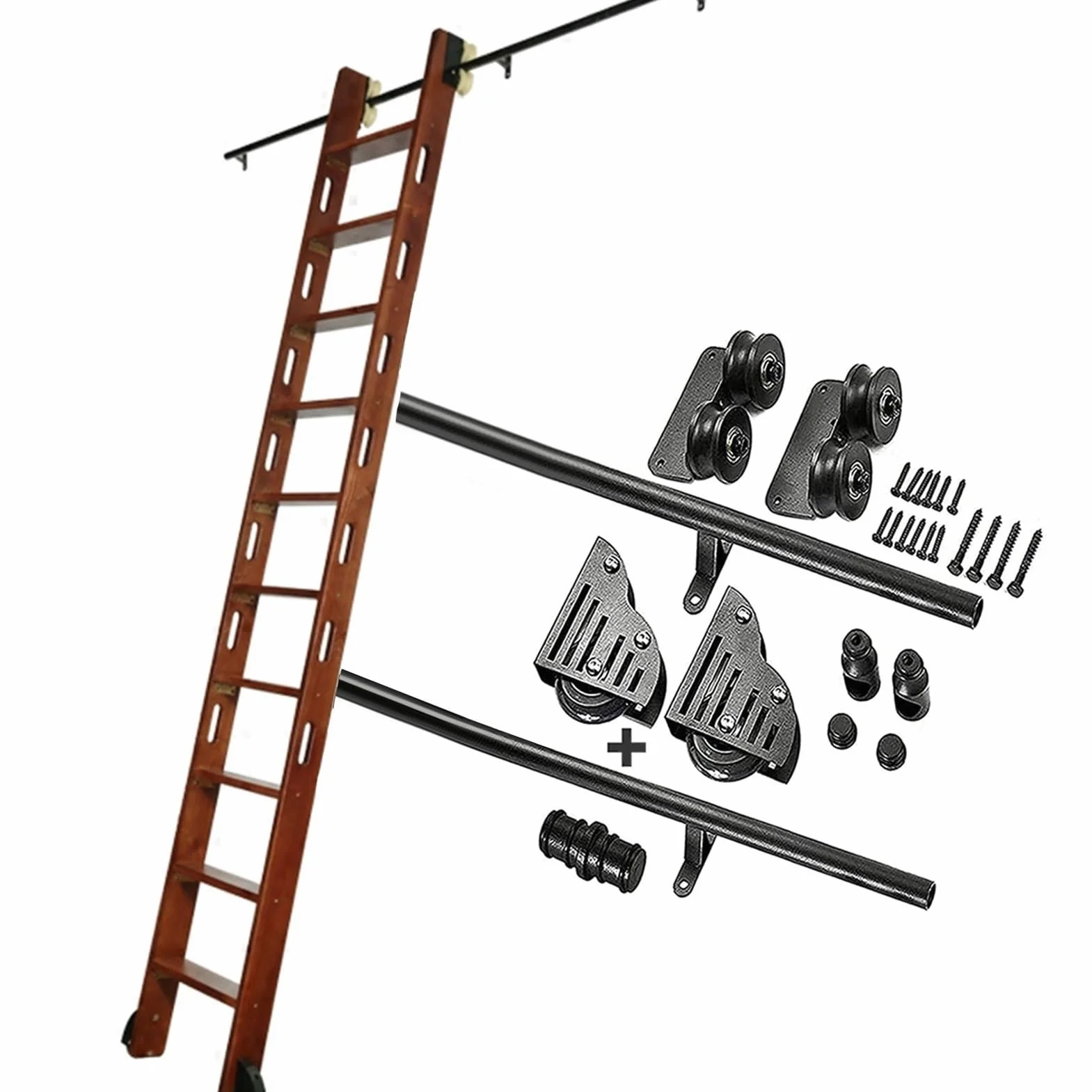 Kit de riel de Escalera para Biblioteca rodante, Juego Completo de rieles de Escalera deslizantes, riel móvil de Hierro Forjado, riel de Escalera mecánica de Tubo Redondo con Ruedas de Piso,