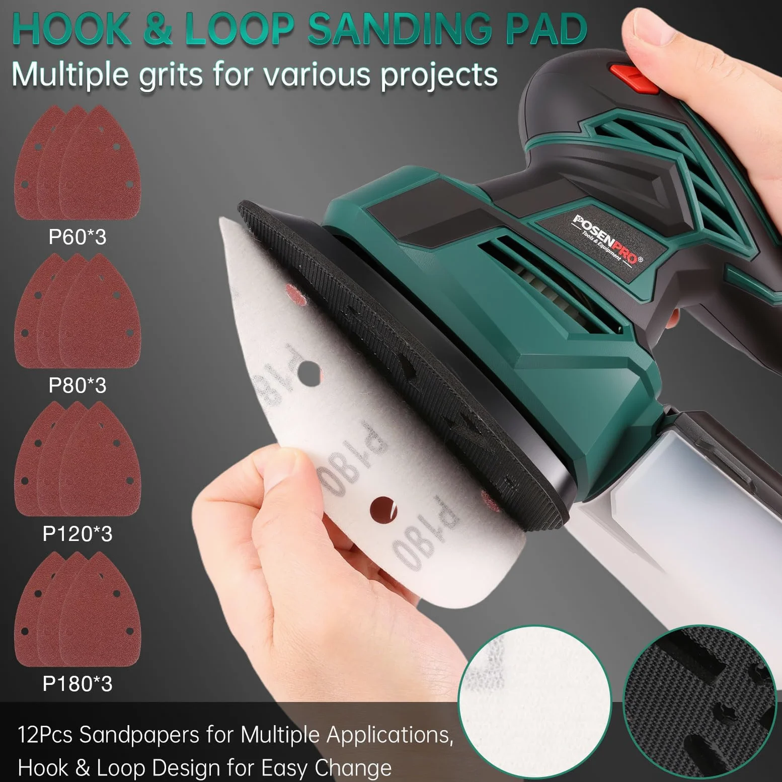 Lijadora de detalles, POSENPRO Lijadora Madera 130W Lijadora Eléctrica 13500RPM, Lijadora Mouse con Función de Recogida de Polvo y 12 Hojas de Lija, Lijadora Orbital para Trabajos de Lijado