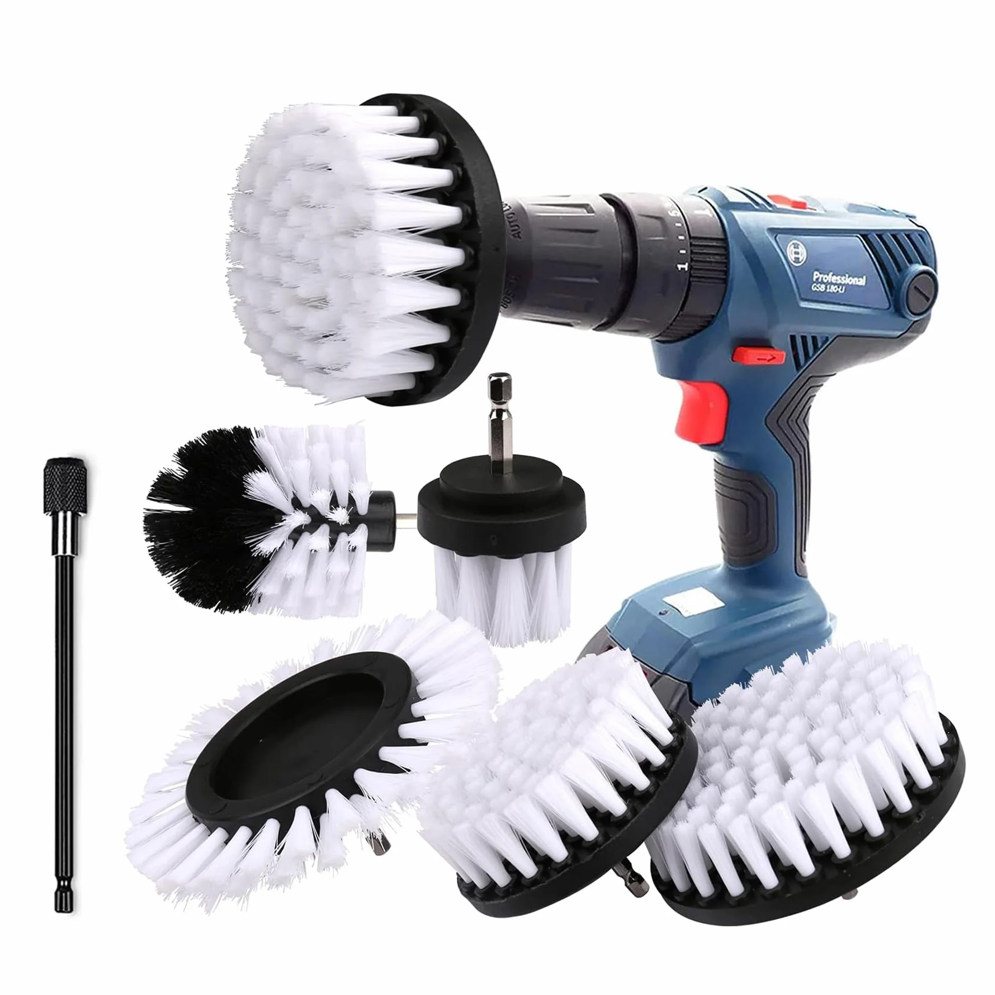 Escova de Broca Elétrica, 5PCS Eléctrico Cepillos Taladro Multifuncionales, Coche Limpieza Kit para Limpiar Paredes, Baño, Cocina, Tapiceria Coche, Piso Azulejo, Esquinas, Terraza (Bianco)