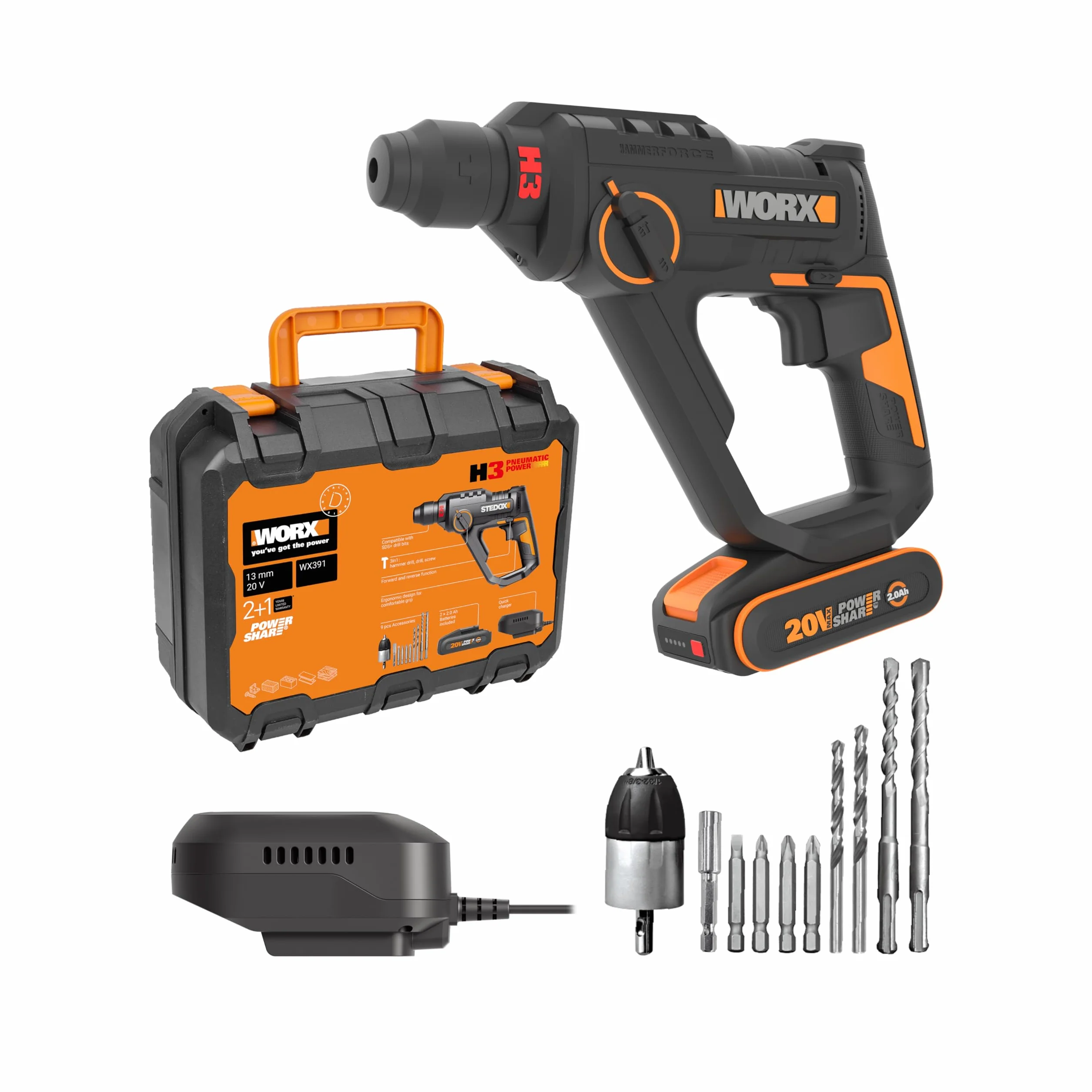WORX WX391 Martillo perforador inalámbrico 20V, 1,2J, taladrado rápido en hormigón, 3 funciones en 1, 10 brocas para hormigón, madera y metal, batería de 2 Ah y cargador rápido de 2A