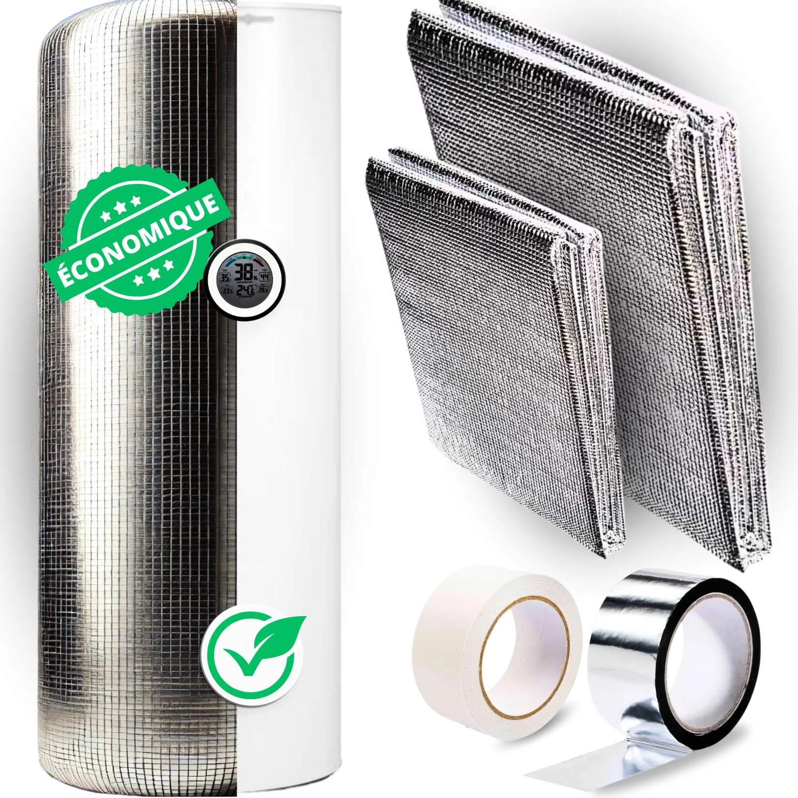 AISLAMIENTO para termos eléctricos hasta 300L – Kit completo con cinta adhesiva doble cara y aluminio – Reduce las pérdidas de calor y ahorra energía