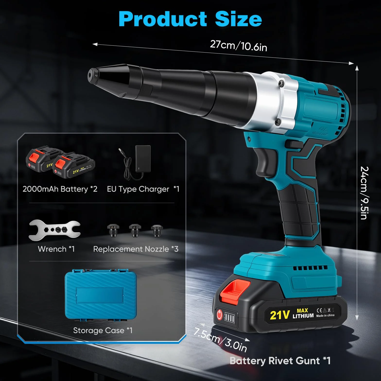 Herramienta de remache ciego con batería y motor sin escobillas, 2x baterías de 2000mAh, 3 boquillas para remaches de 2,4-5,0mm, luz LED para aplicaciones DIY y profesionales