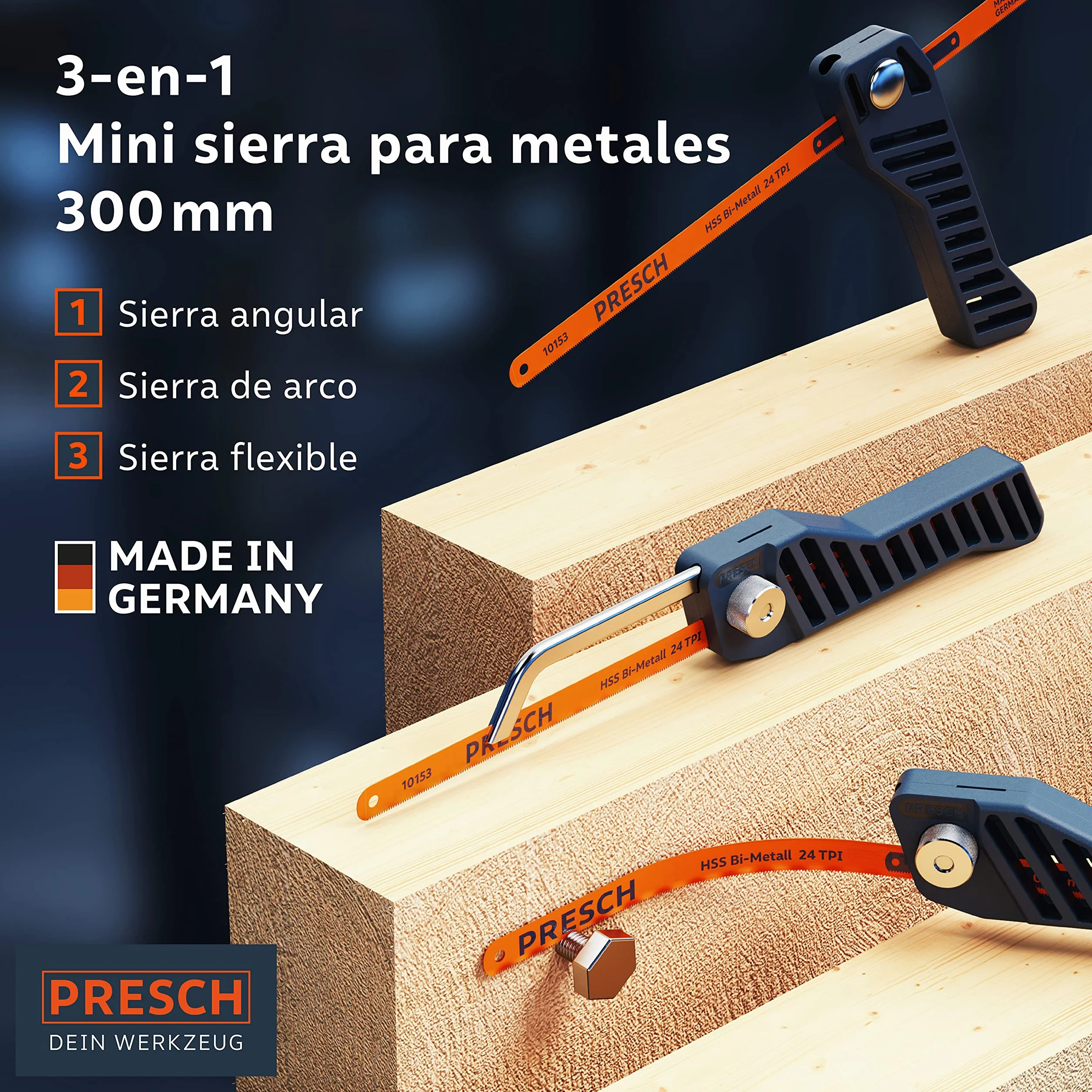 Presch Mini Sierra de Metal Flexible 300mm - de mano 3 en 1 incl. hoja de sierra para metal - Sierra de hierro pequeña ajustable con hoja para metalica
