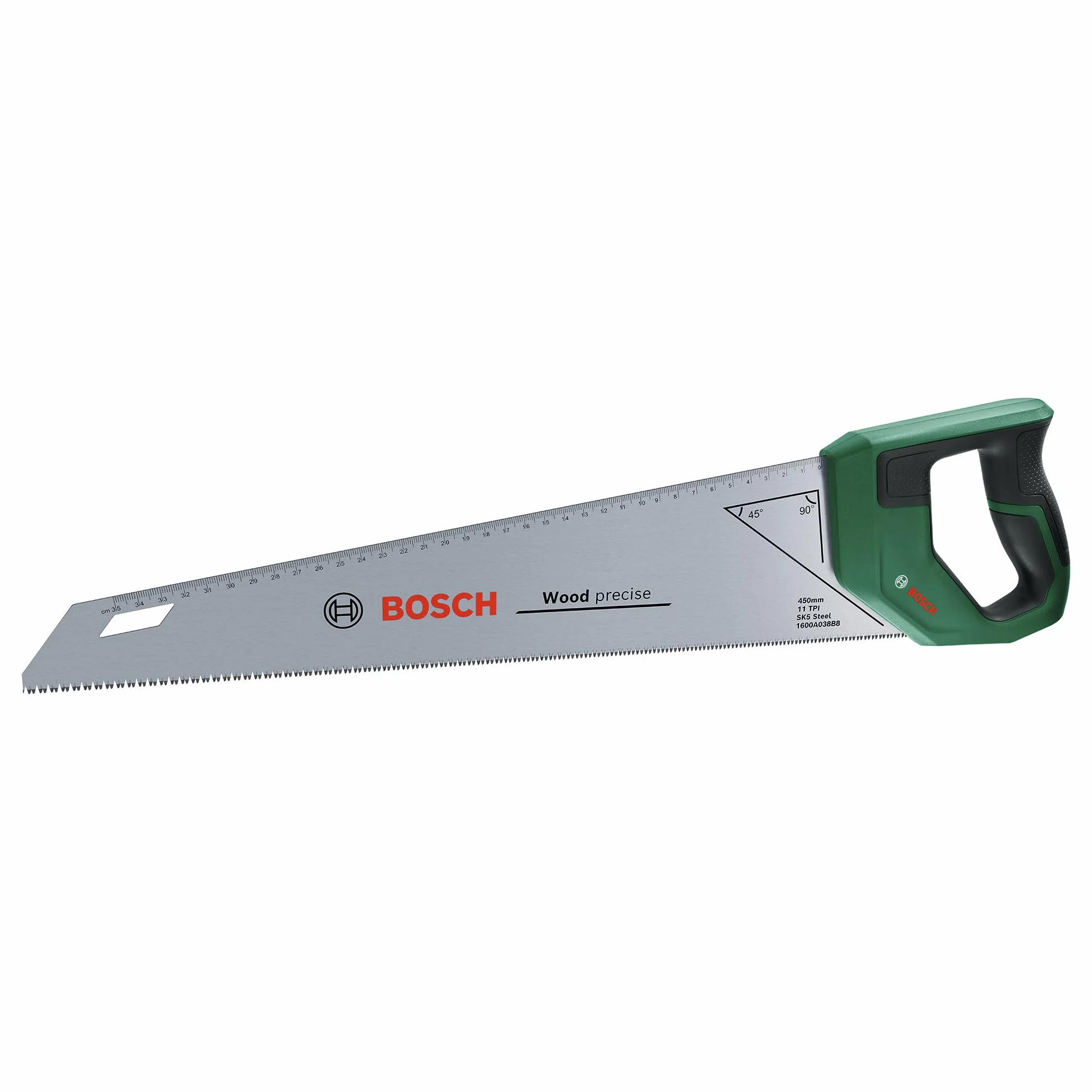 Bosch Sierra de mano 450mm (Hoja de sierra de acero SK5 para cortes finos en madera; 11 TPI; Dientes templados por inducción; Guía de marcado de 45°/90°; Escala métrica de 40 cm; Empuñadura Softgrip)