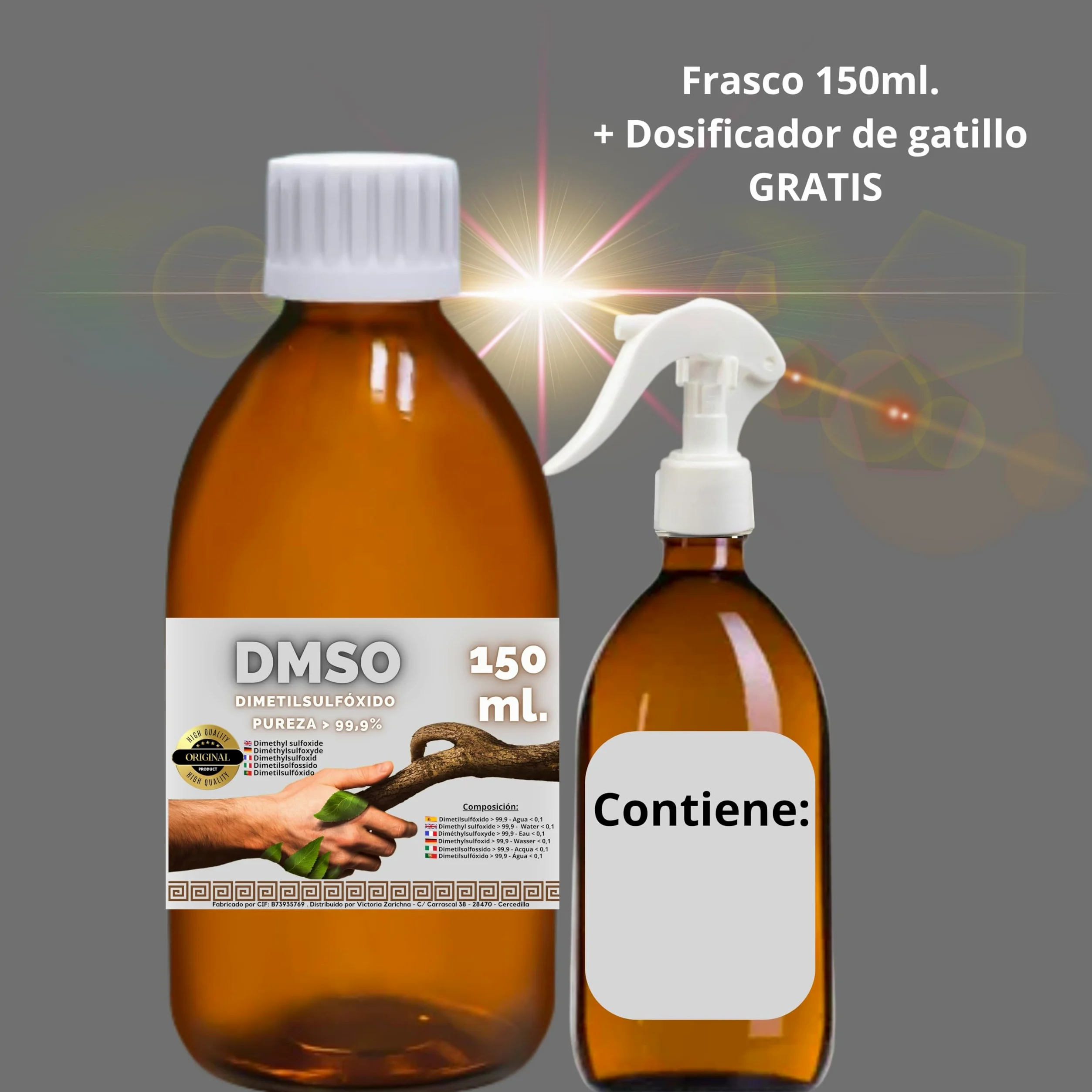DMSO 150 ml. 99,9% Pureza Con Gotero | Dimetilsulfóxido Calidad Ph Eur | Regalo Frasco125ml + Difusor + Vasito Dosificador | Frascos Ámbar de Laboratorio | Precinto de Seguridad