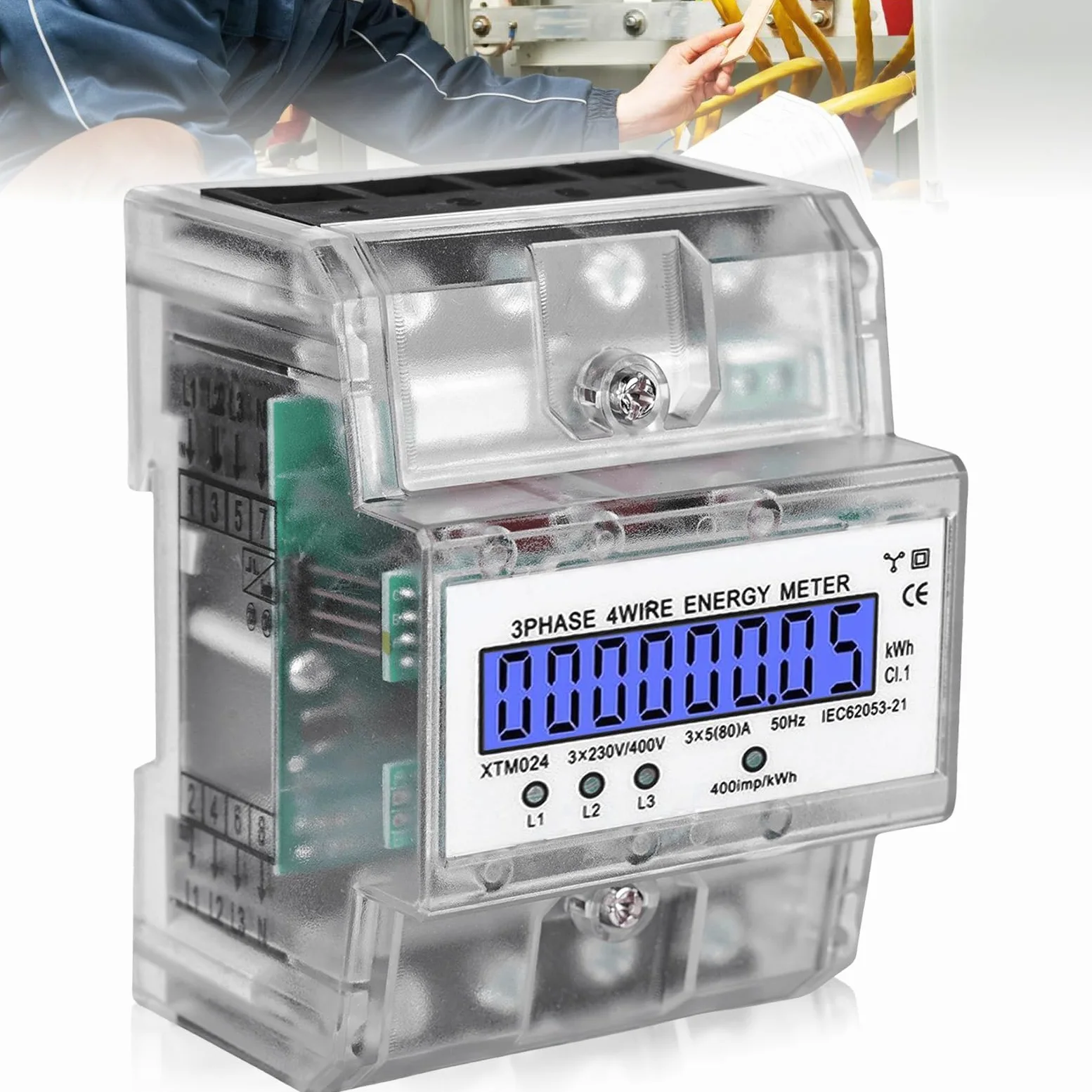 Contador de corriente trifásica, 3 fases, 4 cables, contador de corriente trifásica, contador de corriente trifásica 230/400 V, 5-100 AHutschiene Digital con LCD, contador de corriente trifásica para