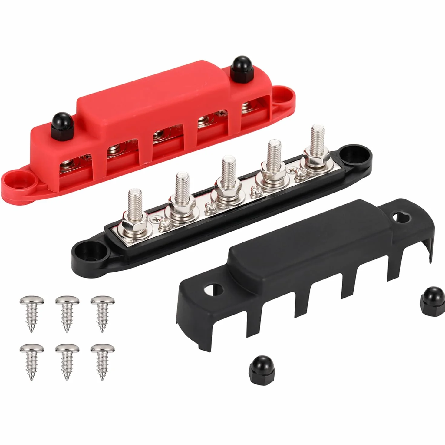 Greluma 1 Par M8 (5/16") Bloque de distribución de energía de 5 pernos,barra colectora de servicio pesado de 5 vías 12-48 V,positivo y negativo