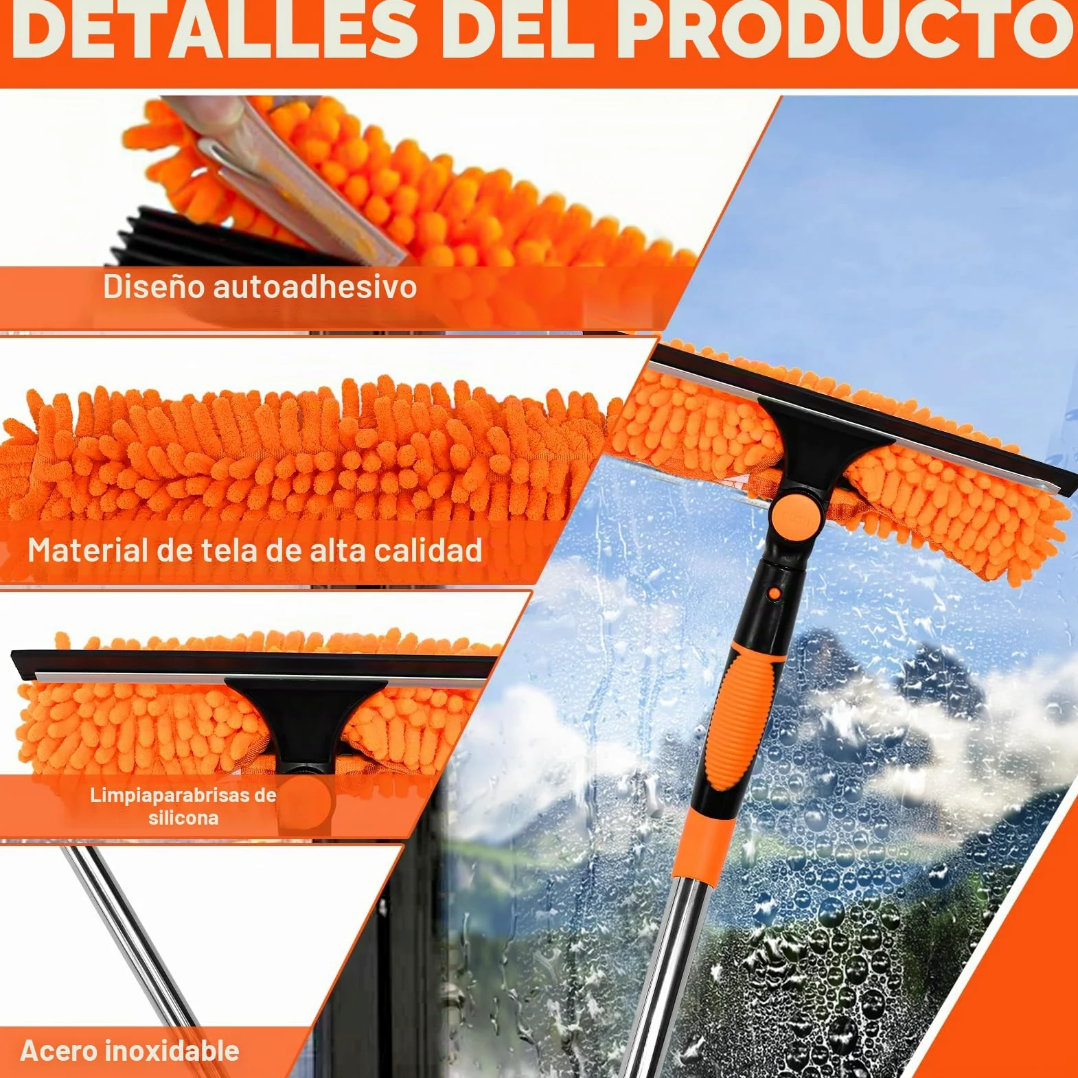 Limpiacristales con Mango Extensible de 24-450cm, Limpiador de Ventanas Telescópico con Escobilla de Silicona y Paños de Microfibra, Limpia Cristales con Mango Largo para Ventanas