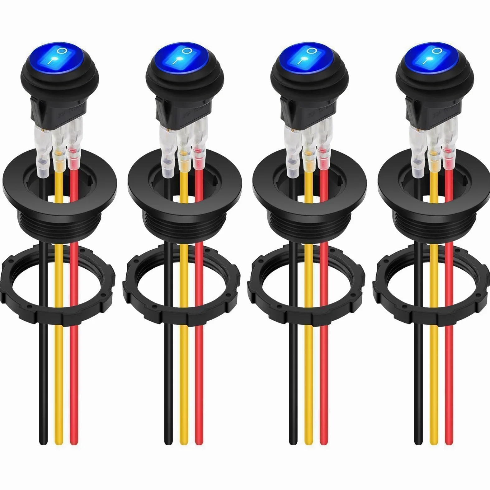Linkstyle 4x Interruptor Basculante LED 12V 20A, Interruptor Redondo Impermeable de 3 Pines con Cable, Luz Azul, para DIY Barco Auto y Aplicaciones Marinas