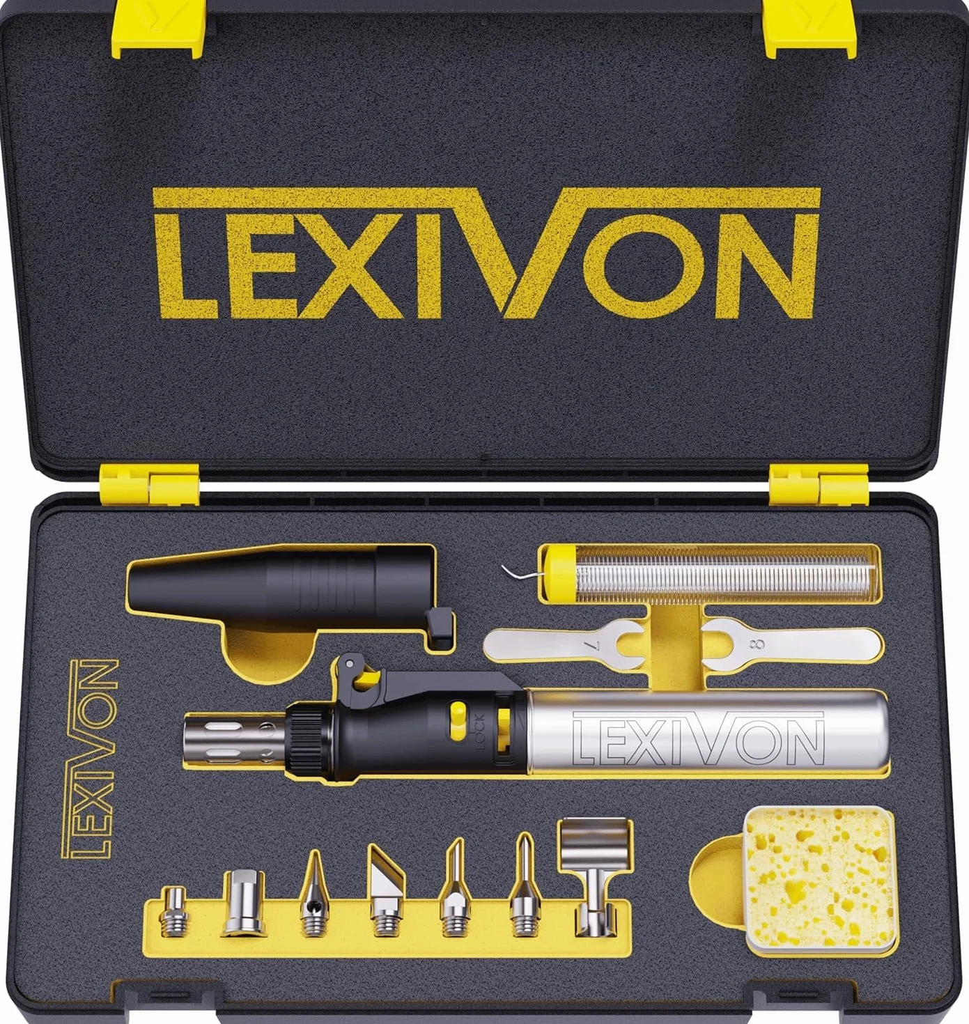 LEXIVON Kit multipropósito soldador de butano | Juego de 7 puntas de llama ajustable con autoencendido inalámbrico | Pro Grade Equivalente (LX-770)