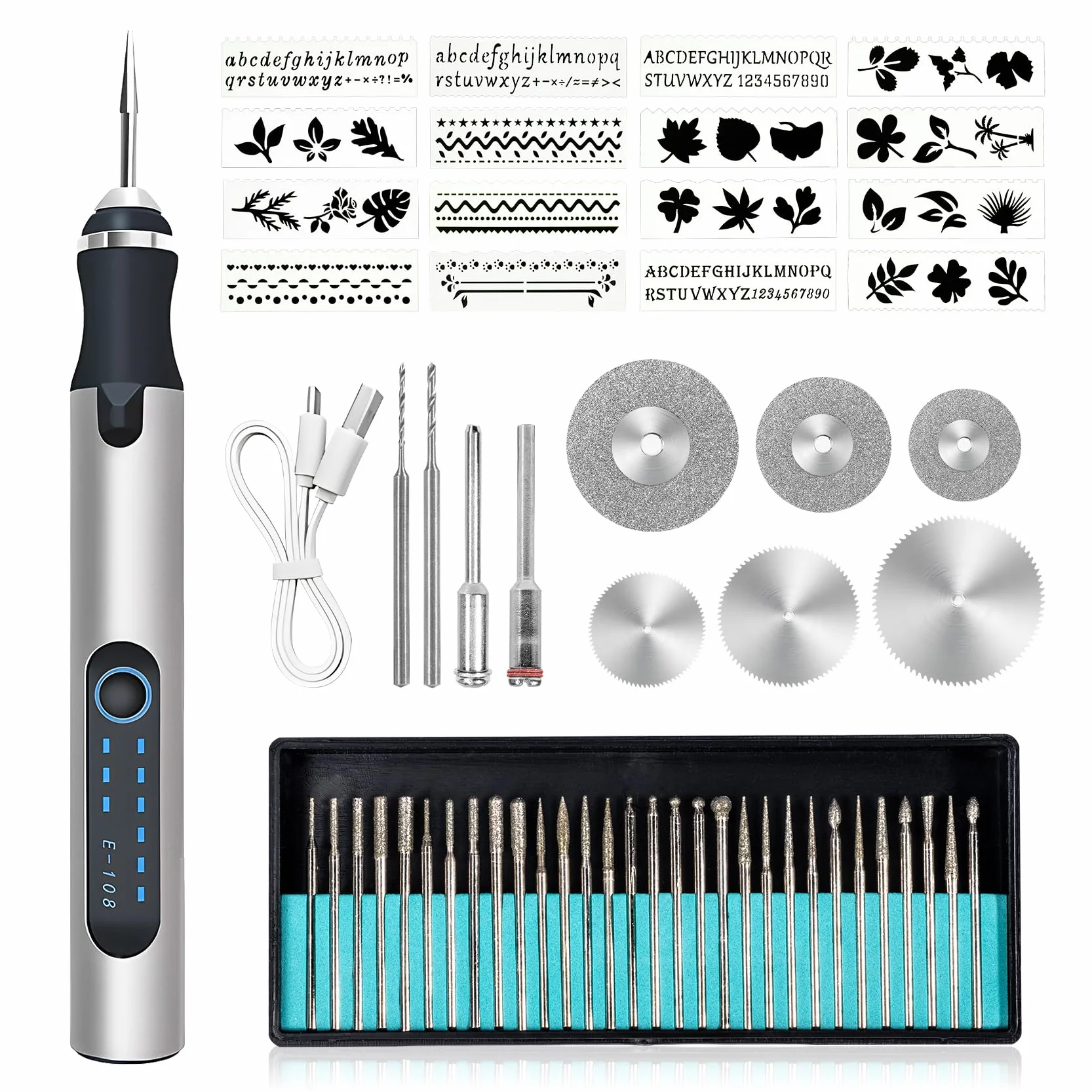 Bolígrafo grabador eléctrico, recargable por USB, inalámbrico, kit de engraving pen portátil, herramienta de grabado para vidrio, madera, plástico, metal y piedra.