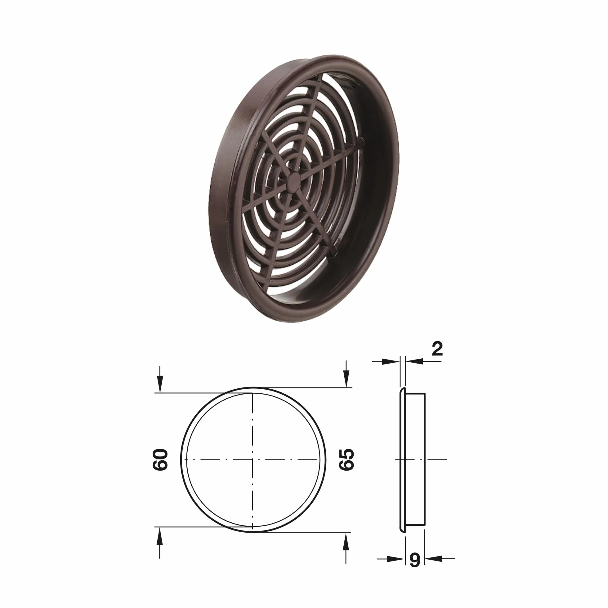 cyclingcolors 5x Rejilla de ventilación redonda 60 mm Diámetro total 65 mm de plástico Orificio Gabinete Armario Cocina, Marrón oscuro