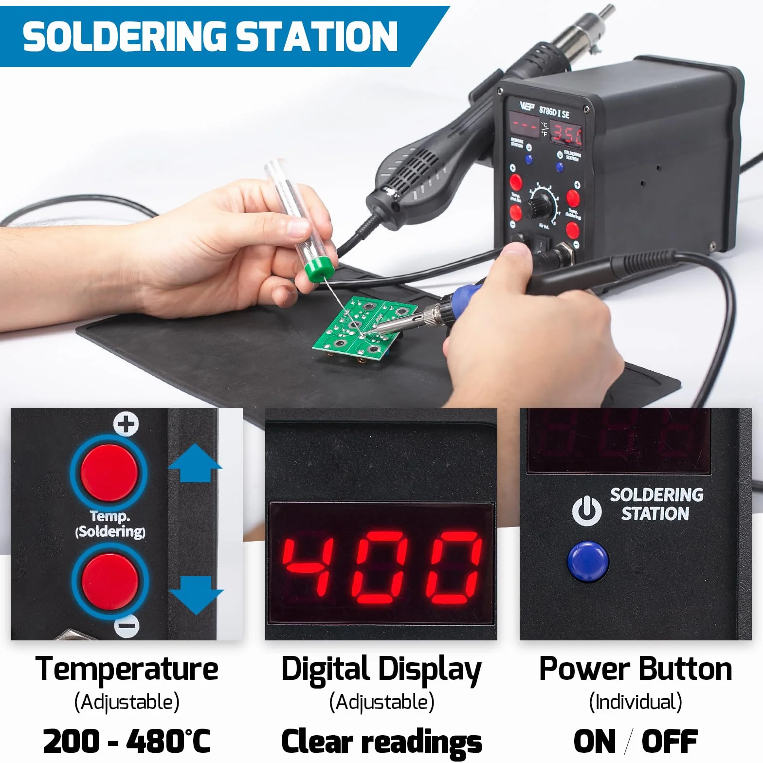WEP 8786D-I SE Kit estación de soldadura con aire caliente 2-en-1para reparación desoldado con hilo de soldadura sin plomo 5 puntas de soldadura 3 boquillas de aire caliente bomba desoldadora(EU Plug)
