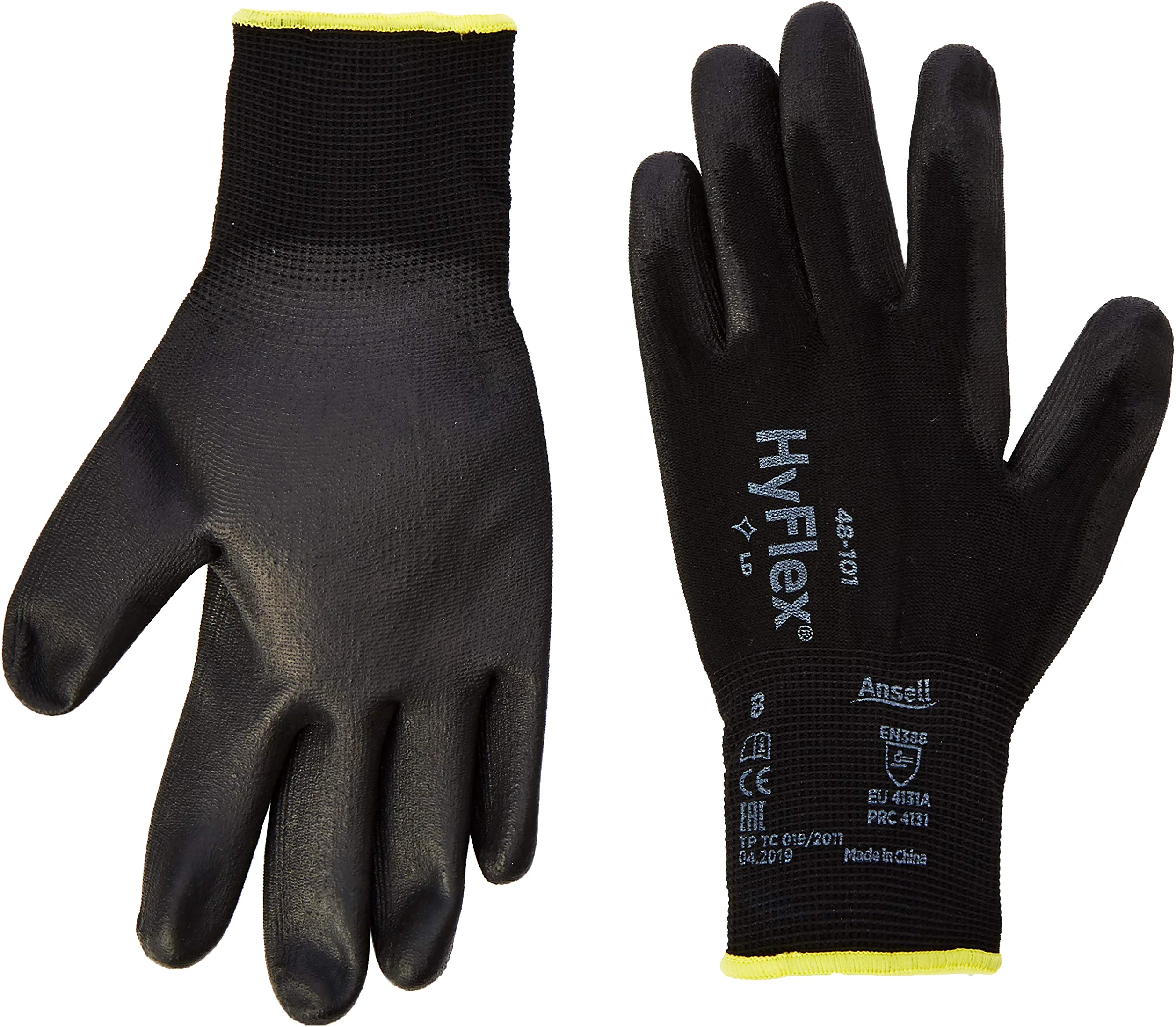 Ansell HyFlex 48-101 Guantes de Trabajo Finos, Alta Precisión Táctil, Forro Elástico con Revestimento de Poliuretano, Protección Multiusos, Bricolaje y Mecánica, Negro, Talla 8 (12 Pares)