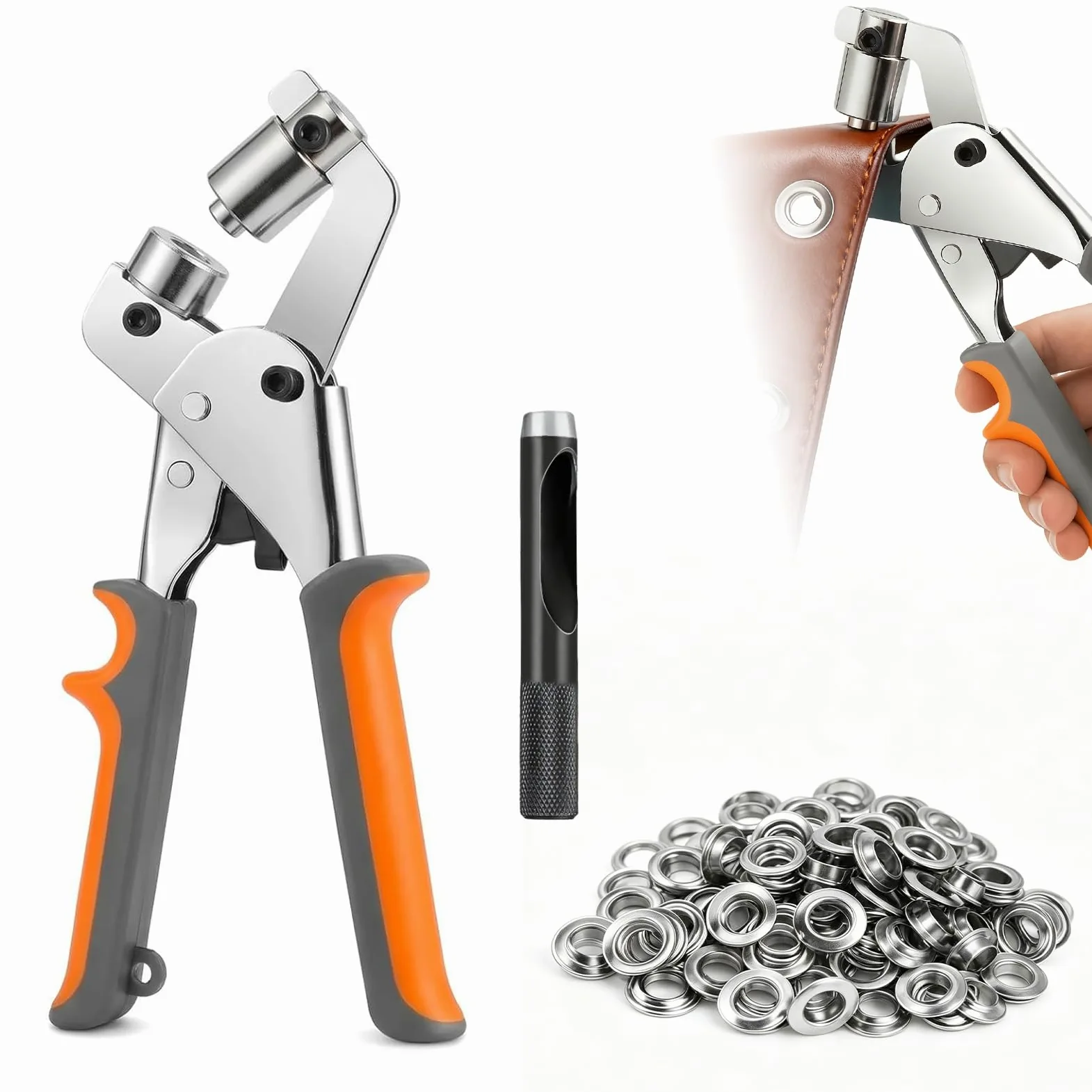 Remachadora de Ojales, Alicates Profesionales para Ojales, Remachadora Ojale con 200 Ojetes Metalicos(Ø Interior 10mm), Maquina Ojale para Lonas Velas Solares Cartón Cuero y PVC