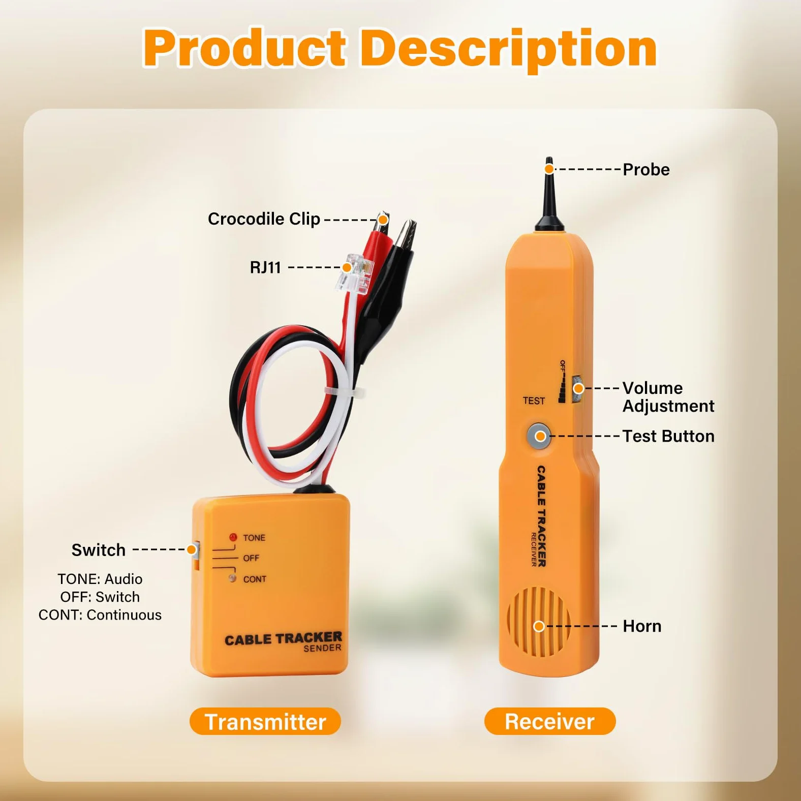 Buscador de cables y comprobador de red Fastsaw Cable Tracker con generador de sonido y sondas para pruebas de continuidad, seguimiento de cables y prueba de línea telefónica, incluye