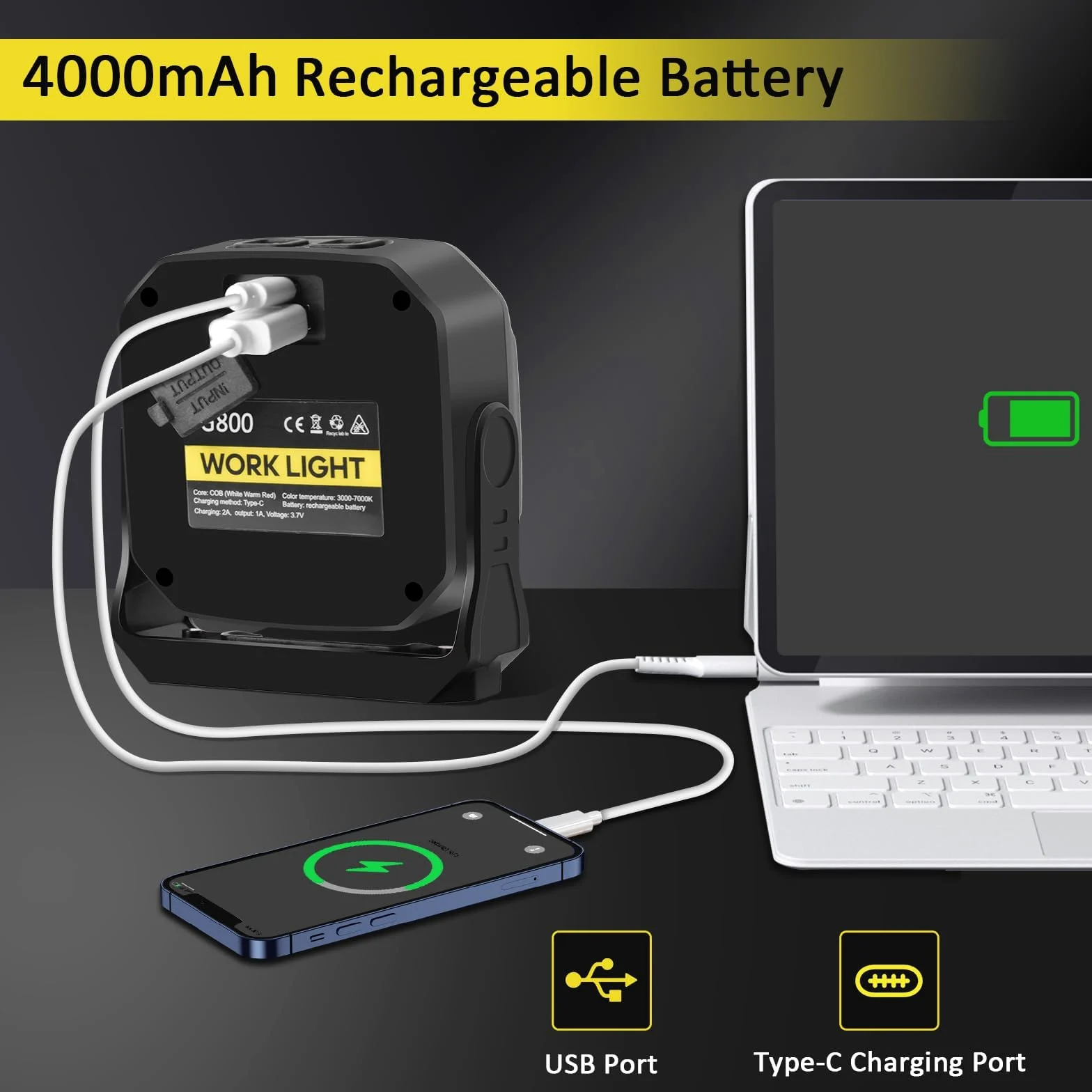 MASMEJOR Foco LED Recargable Potente 30W, Foco LED con Imanes & 7 Modos de Luz, 1500LM Luz de Trabajo 4000mAh, Ideal para Camping, Pesca, Taller, Emergencias