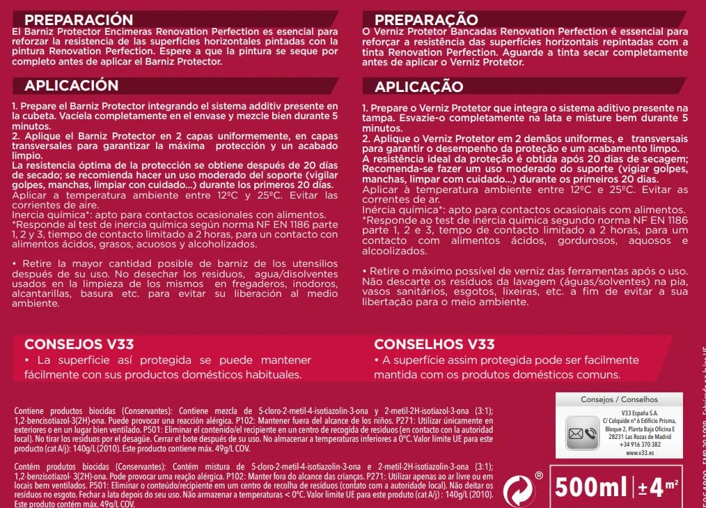 V33 Barniz Renovation Perfection Encimeras Incoloro Satinado, 500mL