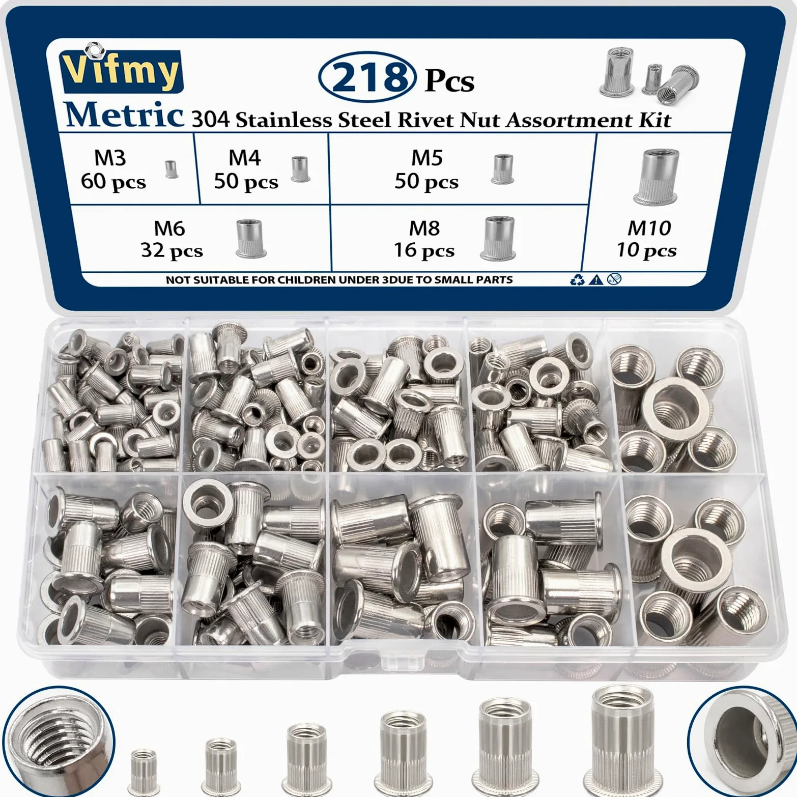 Kit surtido de tuercas remachables métricas de acero inoxidable 304 Vifmy (218 piezas): cabeza plana, M3, M4, M5, M6, M8, M10 Juego de tuercas remachables, tuercas roscadas insertables