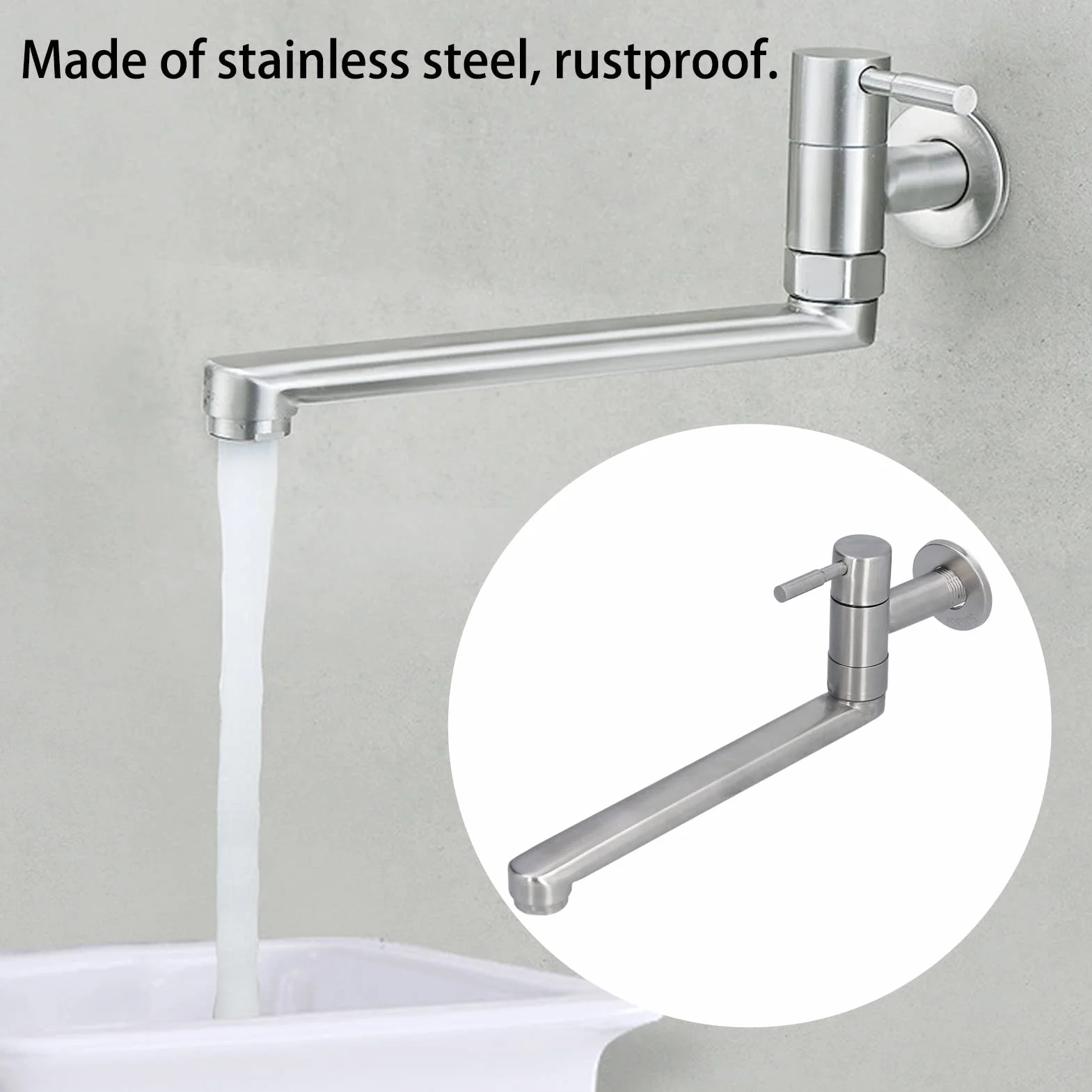 Grifo de Baño y Cocina de Pared G1/2 - Acero Inoxidable, Montado en la Pared, 360° Caño Giratorio Alargado para Lavabos, Fregaderos, Piscinas y Balcón