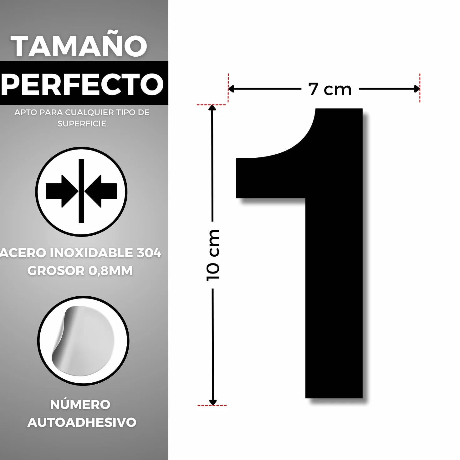 Número Adhesivo Casa 100 mm Acero Inoxidable 304 Nº 1 Exterior Interior Puertas