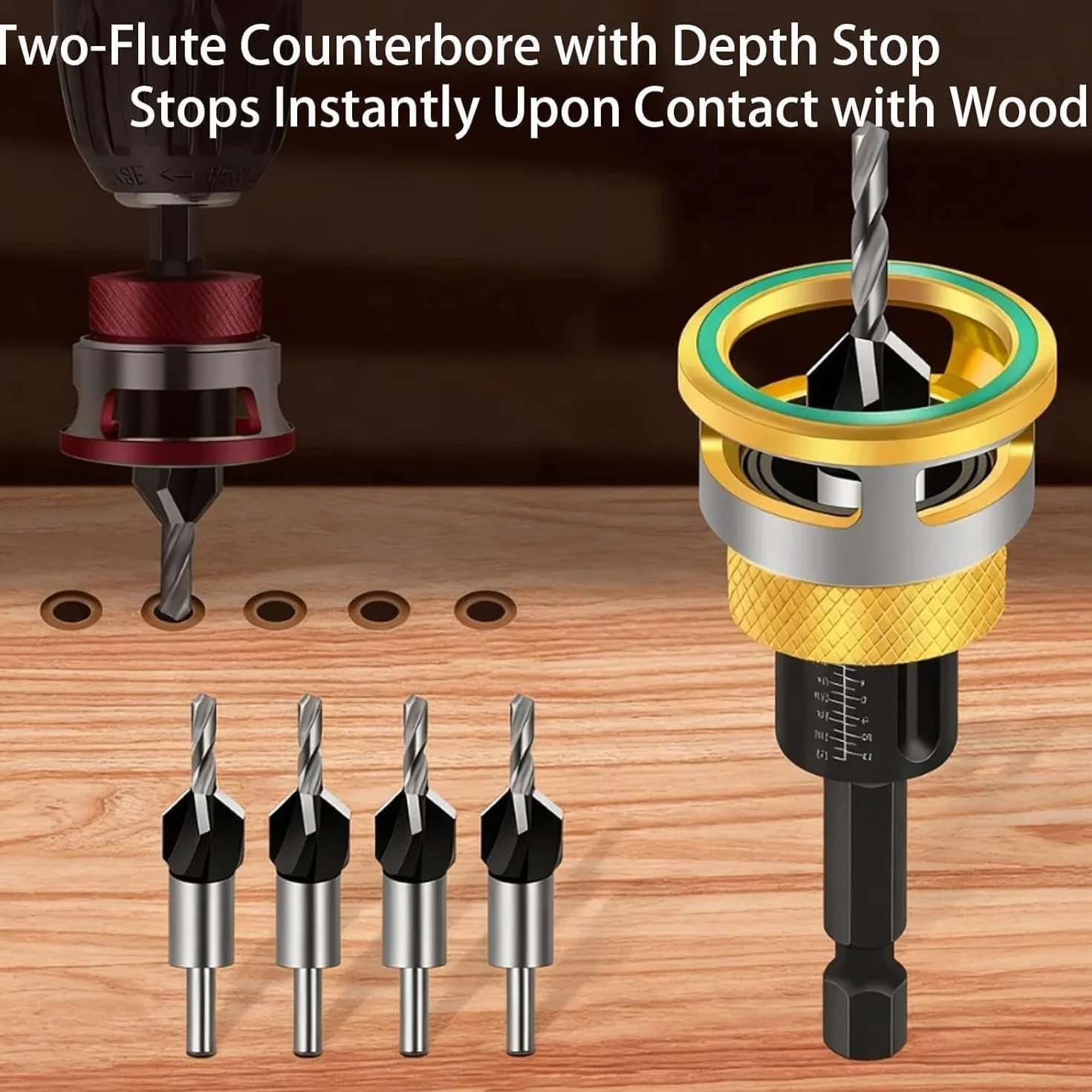 Two-Flute Counterbore with Adjustable Depth Stop, Countersink Drill Bit Set with Depth Stop 4PCS, Four-Flute HSS M2 Tapered Drill Bits and Adjustable Depths Stops Collar, for Woodworking (Red)
