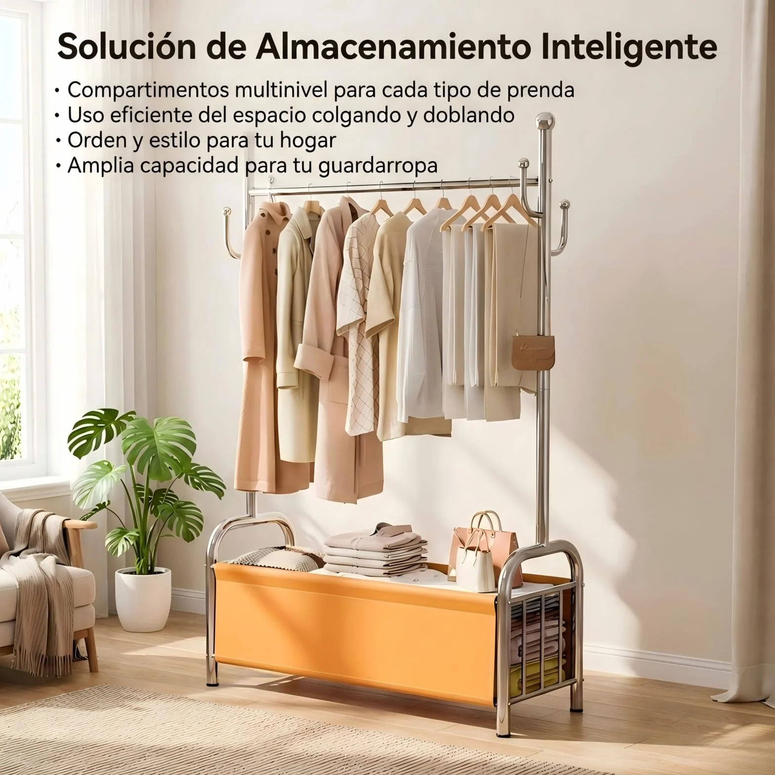 Burro Ropa Acero Inoxidable con Cesta Almacenaje, Perchero Estable Pie, 3 en 1 Tendedero Organizador