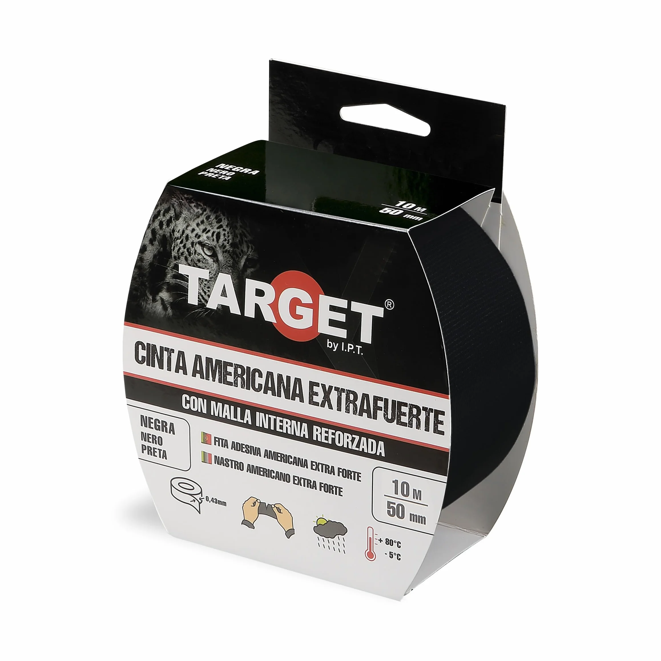 TARGET CTN1050N - Cinta Americana Extrafuerte, Heavy Duty | Reforzada con malla, Hasta 0,43mm de grosor (NEGRO, 10M X 50mm)