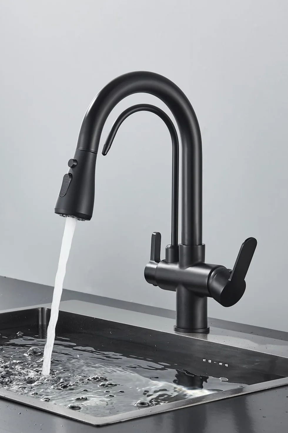 Grifo de cocina 3 vías Nordic negro mate con conexión filtro agua, manguera extraíble, giratorio 360°