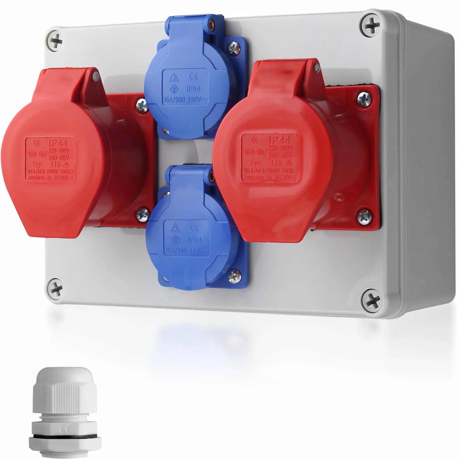 EYPINS Distribuidor de Corriente para Construcción, Distribuidor de Pared 2x 230V Enchufes Schuko+2x Enchufe CEE 16A,IP66/IP54 Impermeable,Carcasa de PC Ignífugo para Talleres Fábricas Autocaravanas