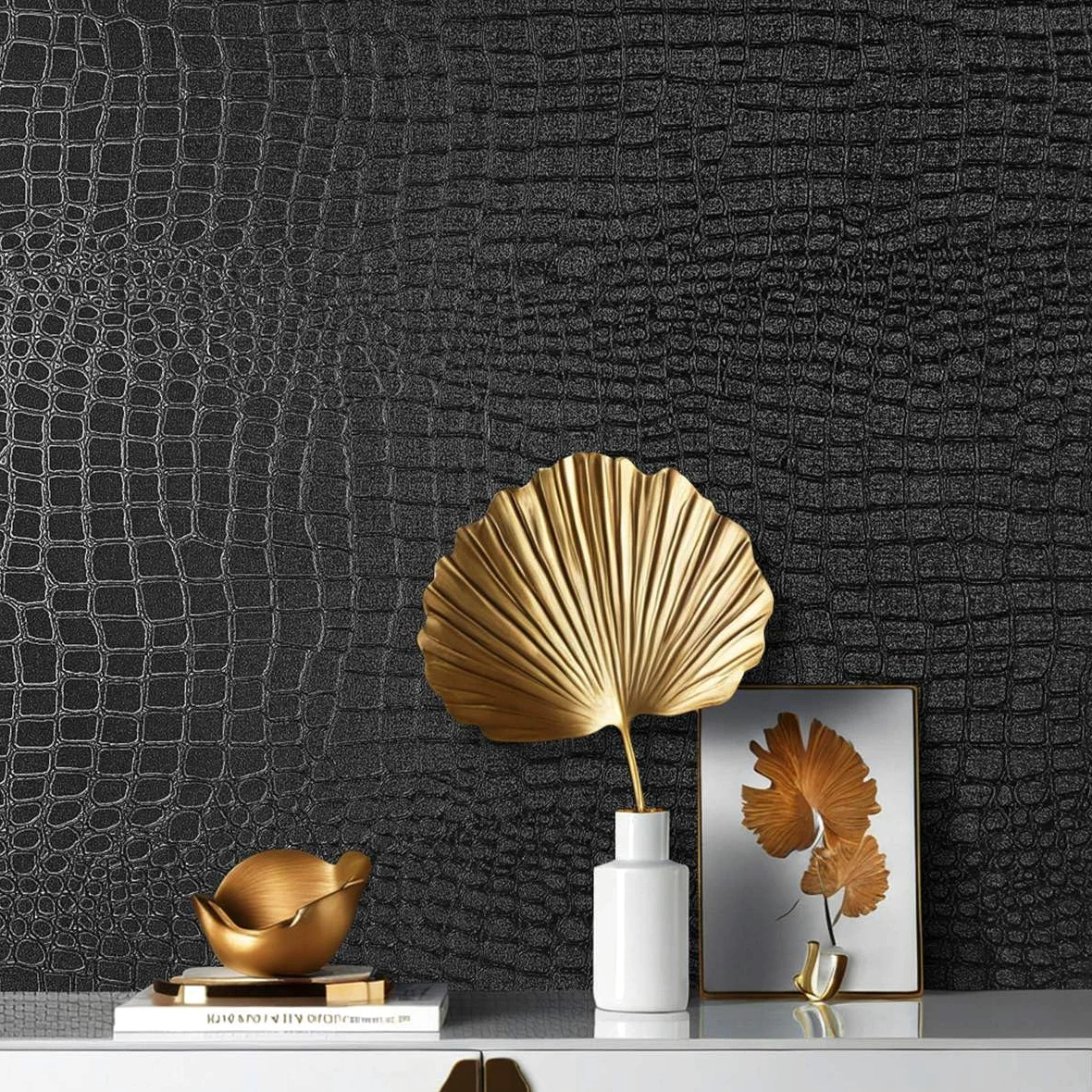 Arthome Autoadhesivo Papel Pintado Negro,44cmx10m Cocodrilo Texturado papel Vinilo Adhesivo Imitación Cuero Negro Impermeable Removible Piel de Cocodrilo para Muebles