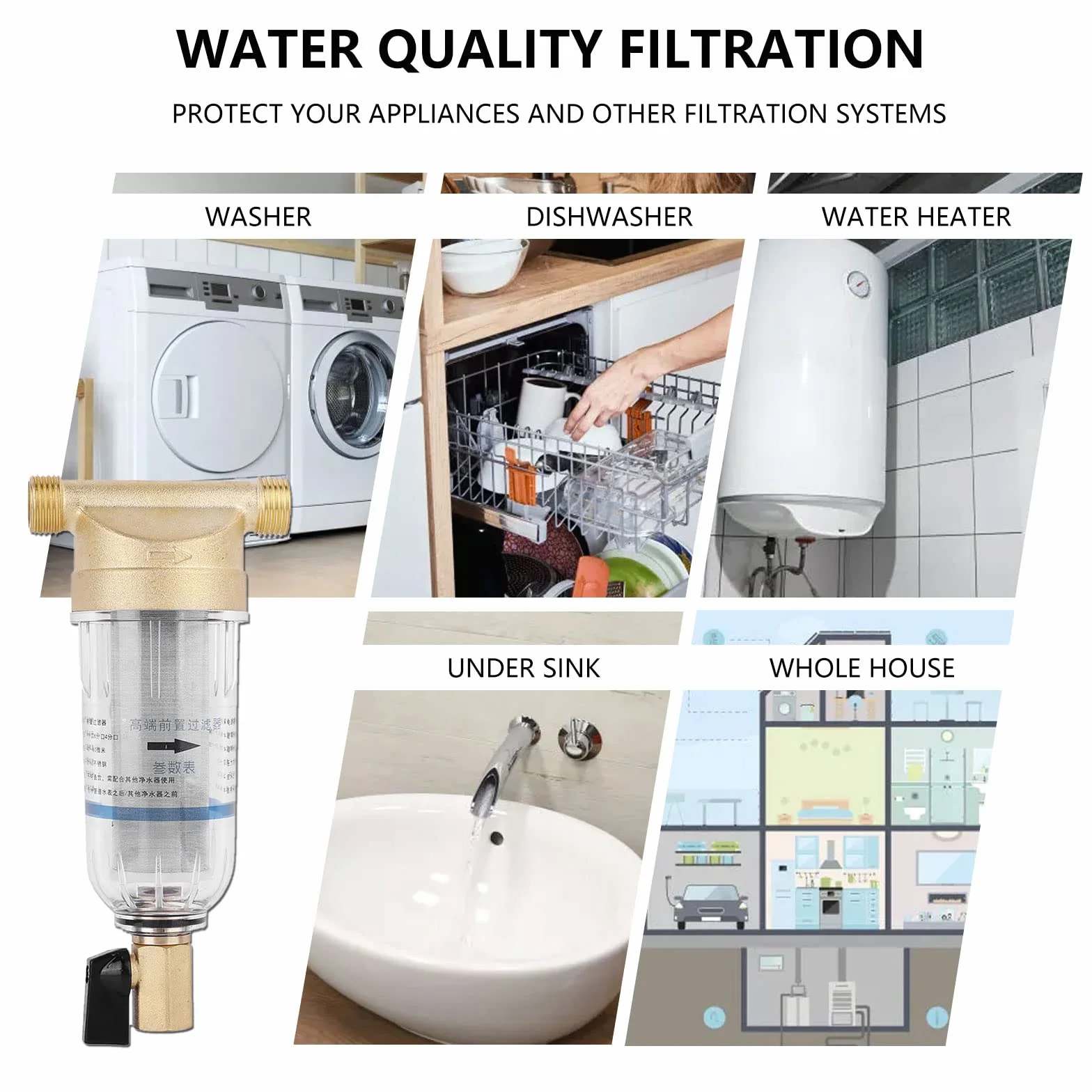 Prefiltro de Agua de Sedimentos Giratorio Purificador Reutilizable, Filtro Agua Entrada General Agua con Llaves y Tubo de Alcantarillado, Filtro de Agua Para Casa de ÓSmosis (3/4" Rosca Macho)