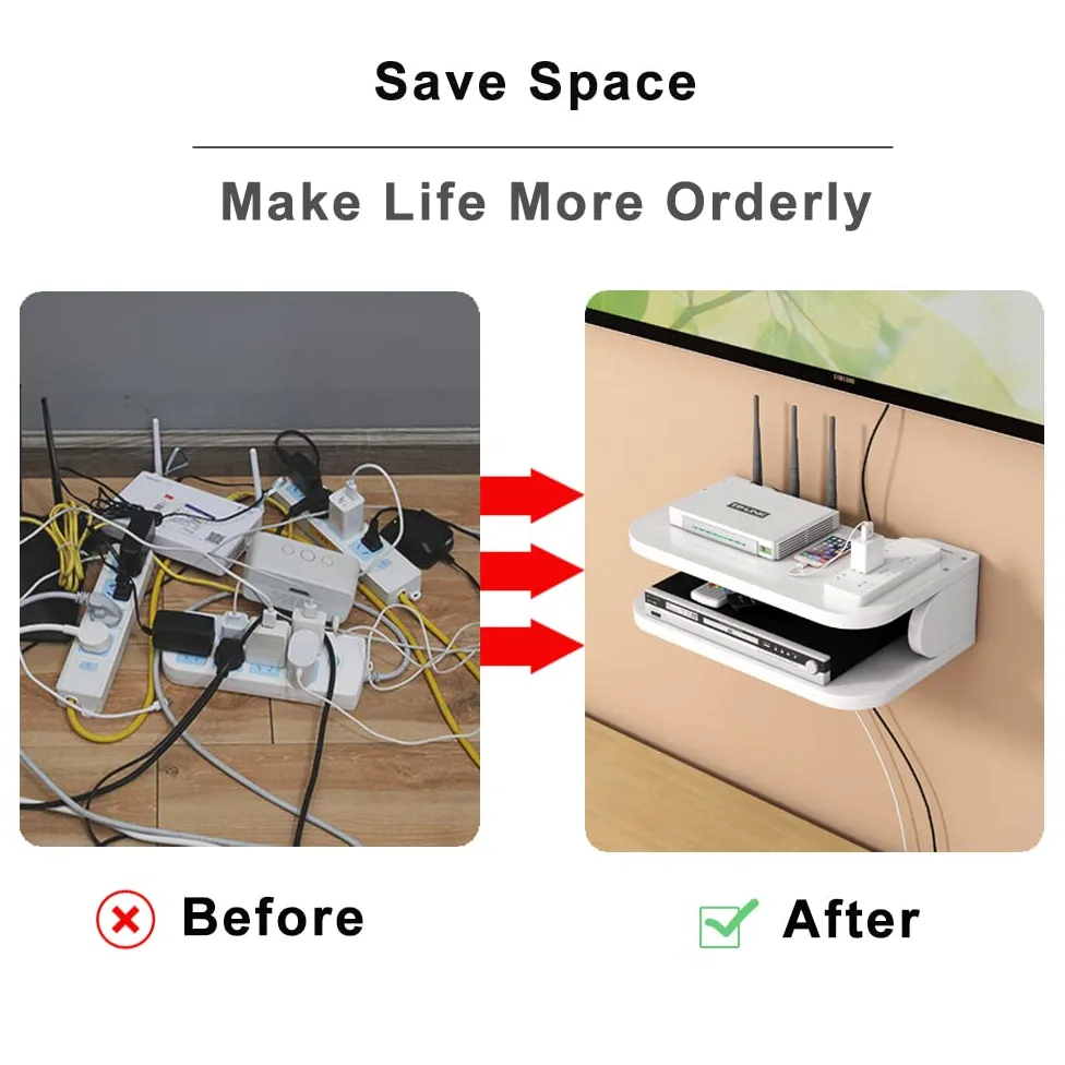 Caja de almacenamiento para enrutador WiFi Estantes flotantes TV Set-Top Rack, montado en la pared Multi-capa de gestión de cables Estante de almacenamiento para decoración de pared (jl01,blanco)