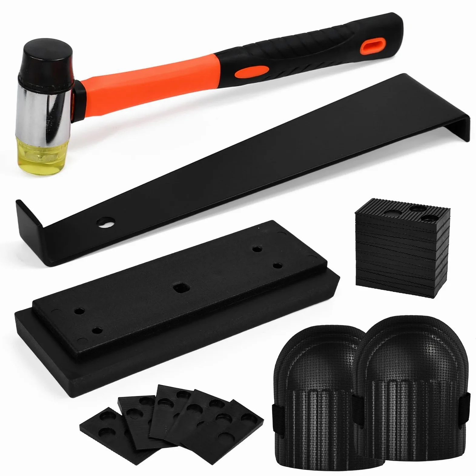 Kit de Instalación de Suelo Laminado, 65 PCS Herramientas para Piso Laminado con Martillo de Goma, Palanca, 60 Cuñas Separadoras, Bloque de Impacto y Rodilleras, Kits Colocación SueloLaminado