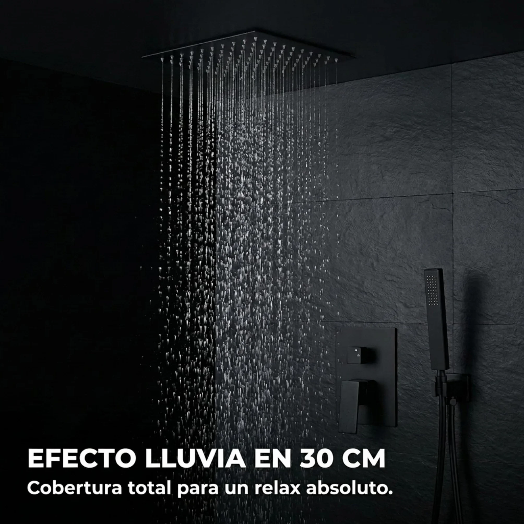 VALAZ Ducha Encastrada Negro Mate | Ducha Monomando 2 Vías, Rociador Efecto Lluvia | Instalación en Techo Fácil y Rápida | Inoxidable, Cuadrada, Rociador 30 cm, Serie Tajo