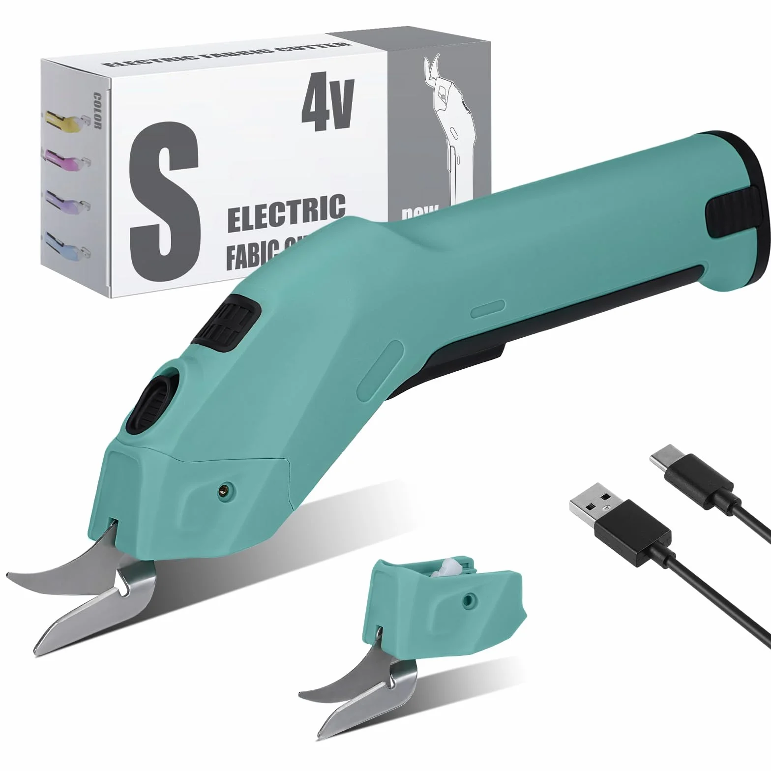 Tijera Electrica, 4V Tijeras Electricas Costura, 2500mAh Tijeras electricas carton, 2 cuchillas de corte Para Tela Para Cartón Cuero Alfombra PVC