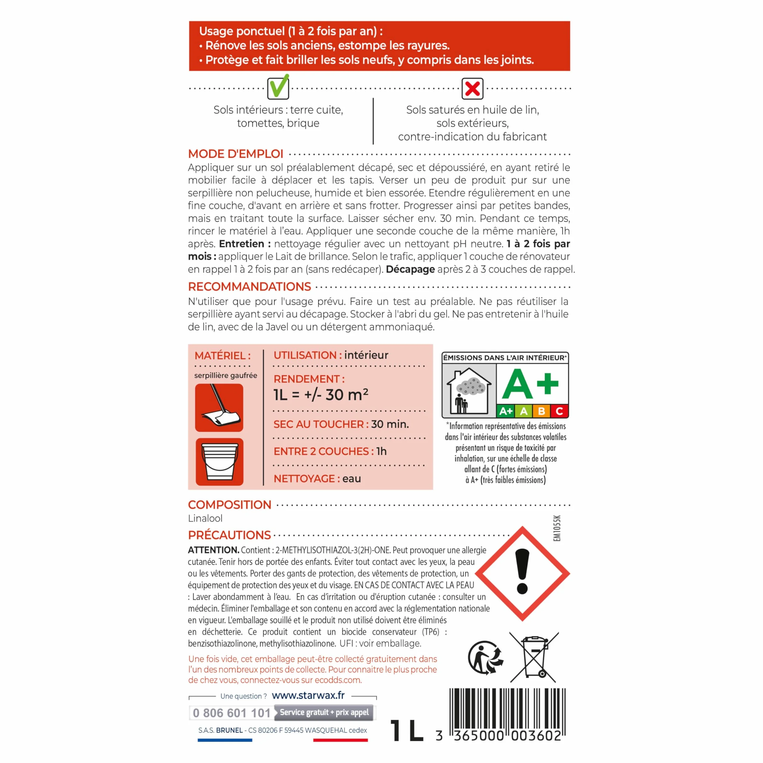 Starwax 360 renovateur brillante protector larga duree tomettes y TC – 1L