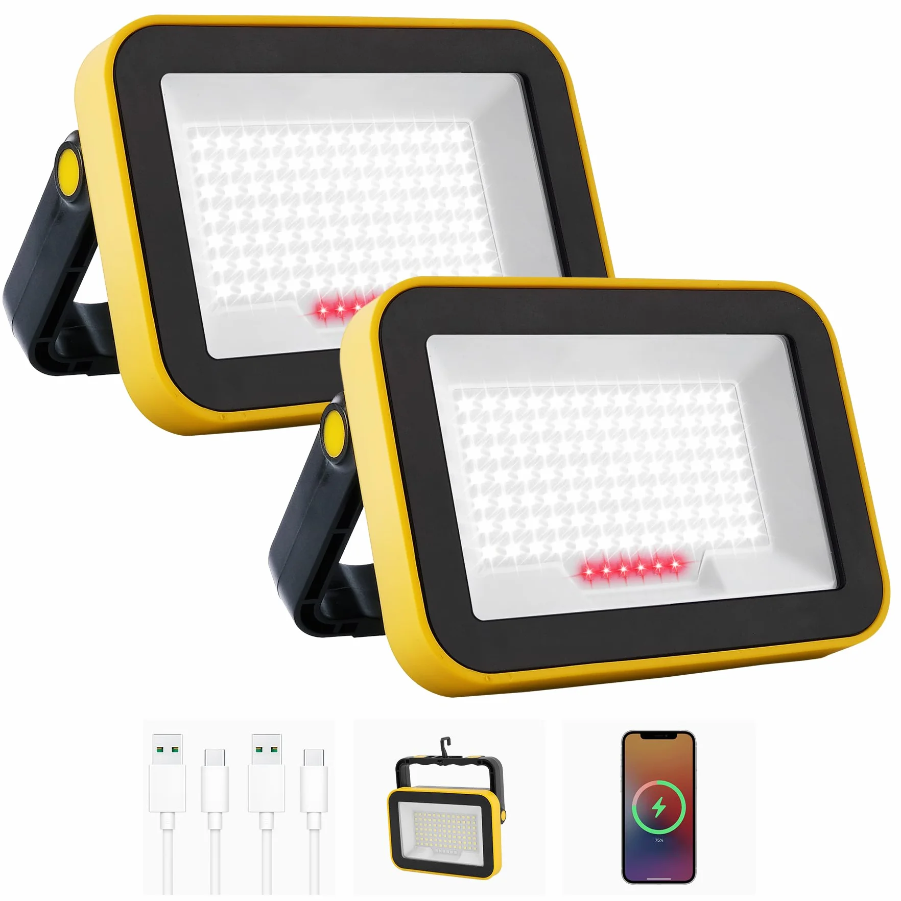 NATPOW Foco LED Recargable, 5 Modos Foco Led Bateria, Luz de Trabajo Portátil con Cable USB, IP65 Impermeable Foco Trabajo para Construcción, Garaje, Taller, Camping, Emergencia (2 unidades)
