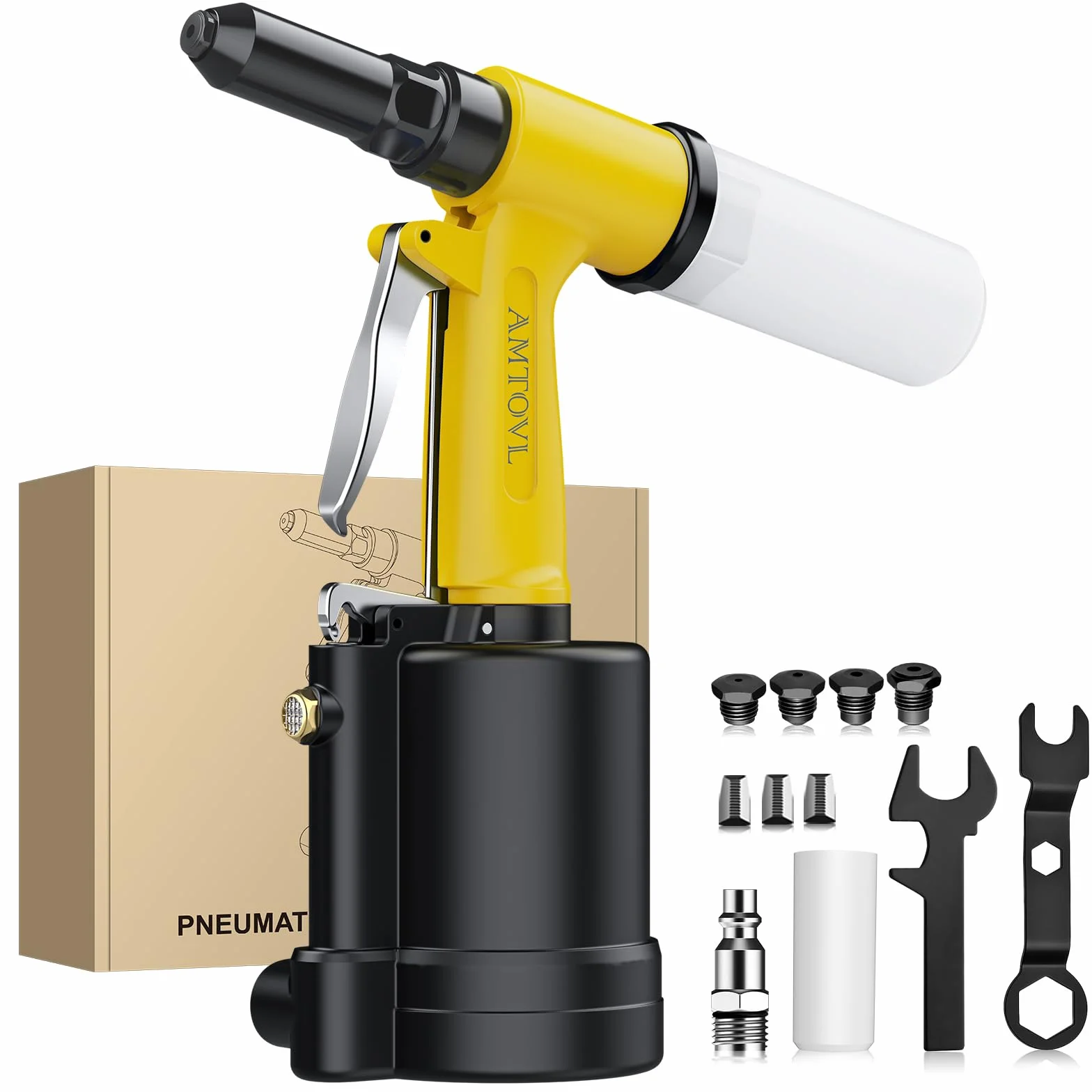 AMTOVL Remachadora Neumática con 4 Boquillas 2.4mm,3.2mm,4.0mm,4.8mm,3 Mordazas,1408KGF,Pistola de Remachadora Hidraulica Autocebante para Reparación de Automóviles