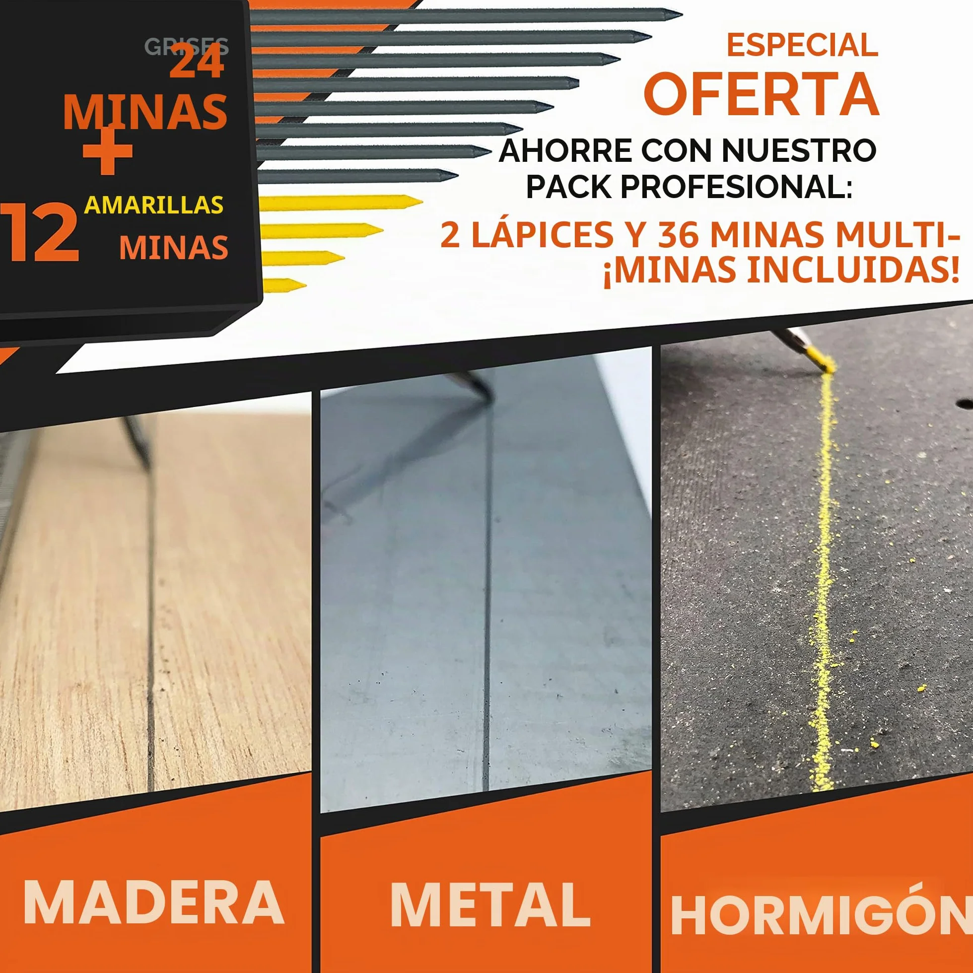 THORVALD 2 PRO Lápiz de construcción extensible [+ 38 MINE de soporte múltiple + Tamaño de mina + Agarre fácil de escribir] Portaminas para carpintero DIY Dibujo Trazado Madera aceitosa Metal Concret