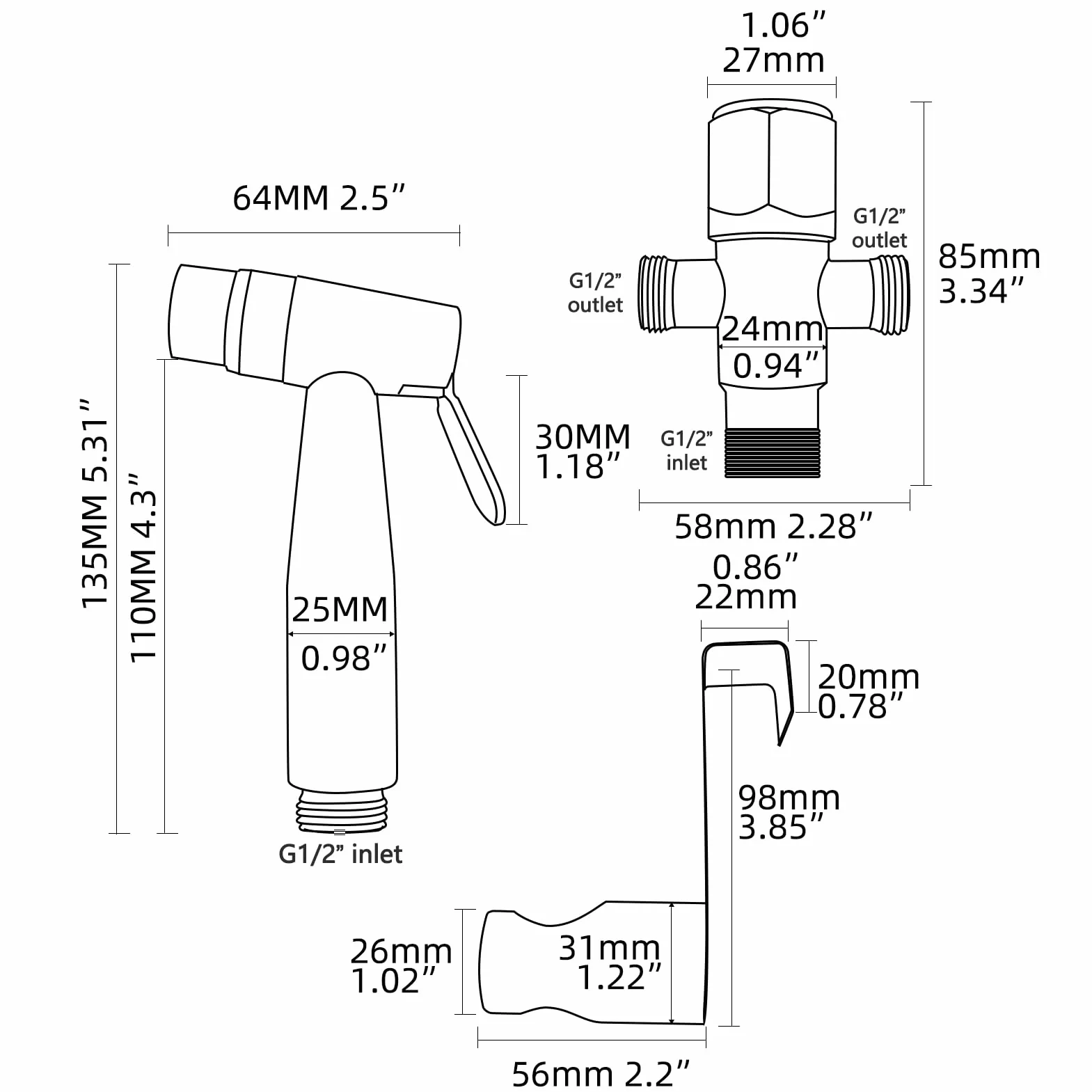 Tecmolog Ducha Bidet 2 Modos Mano Grifos Shattaf Pulverizador Acero Inoxidable Portatil para WC, con Soporte, Valvula Desviadora y Manguera 1.2m, WS024AF2