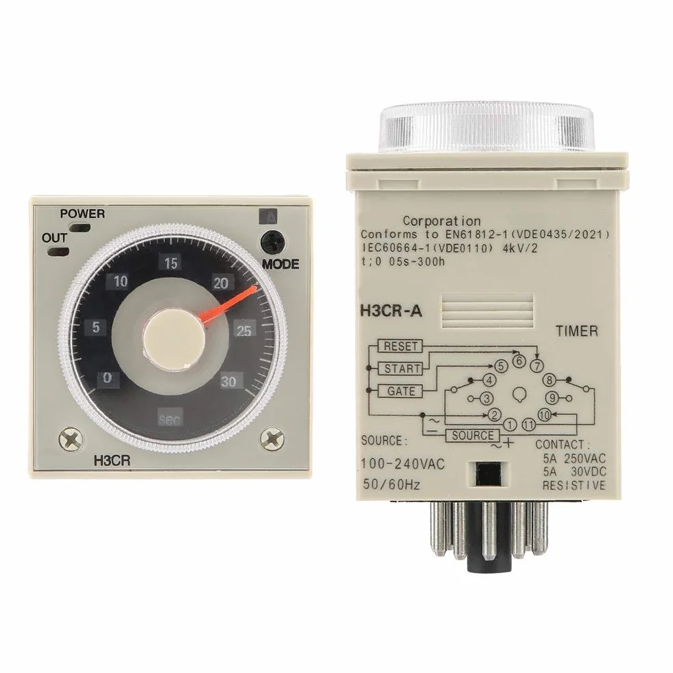 H3CR-A 11-Pin rango de tiempo de temporizador de retardo ajustable 100-240VAC 100-125VDC 0.5S-300H relé de tiempo de control de perilla