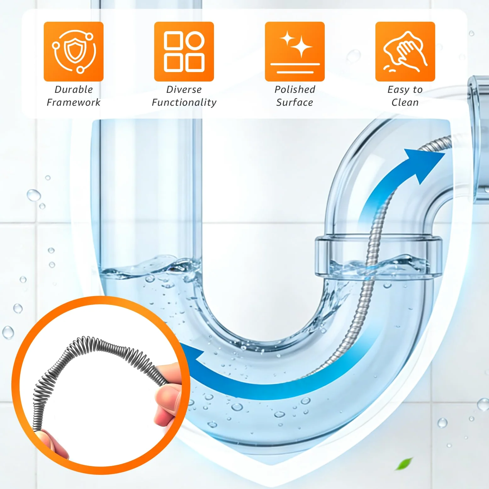 Espiral de limpieza de tuberías con accesorio de perforación de 13 m | Serpentín para Desatascos Ecológico, Ideal para Cocina y Baño – Cable de Acero al Manganeso, Empuñadura Antivibración