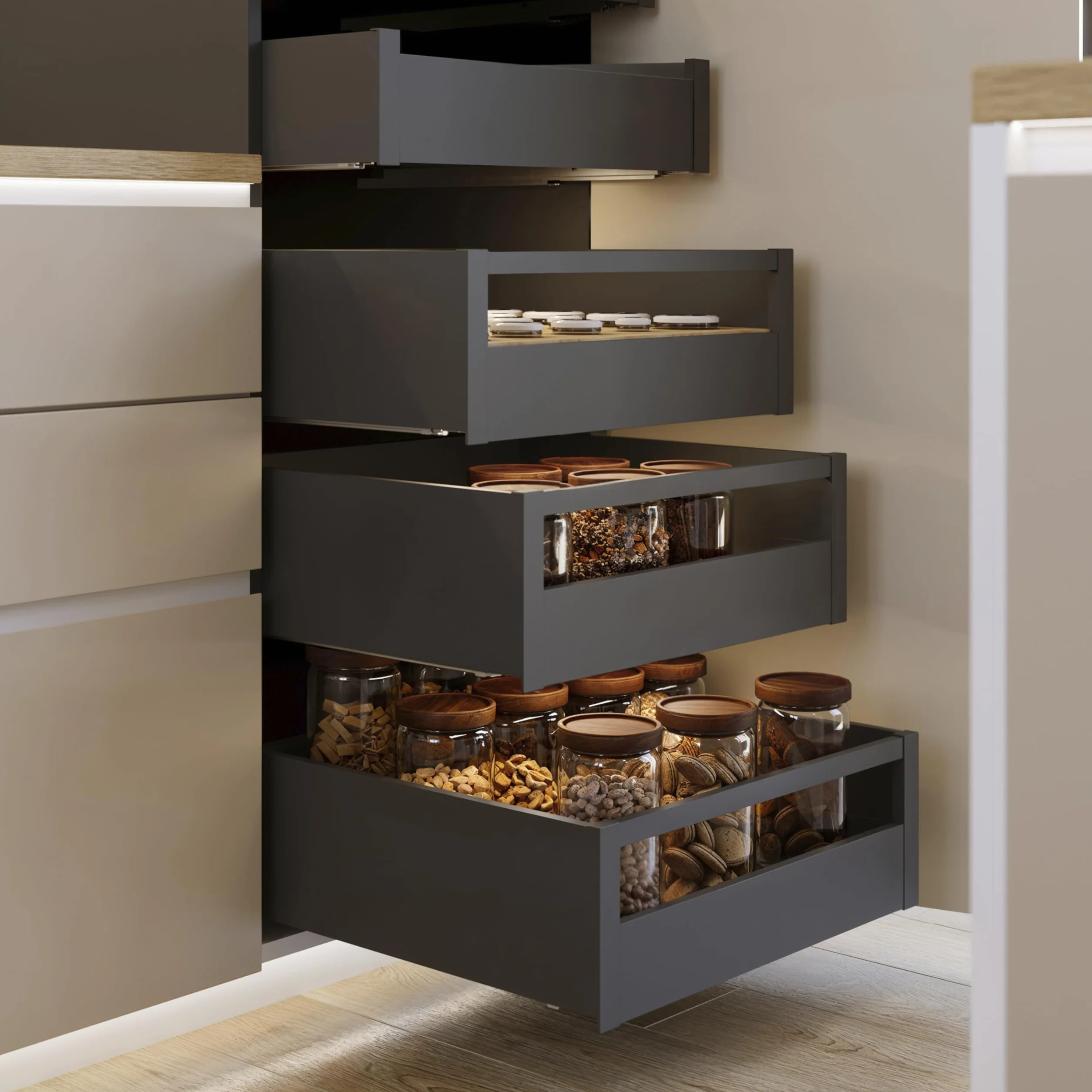 Emuca - Kit cajón para cocina o baño, altura 178mm, profundidad 350mm, 30Kg, cierre suave, tableros no incluidos, Acero, Gris antracita
